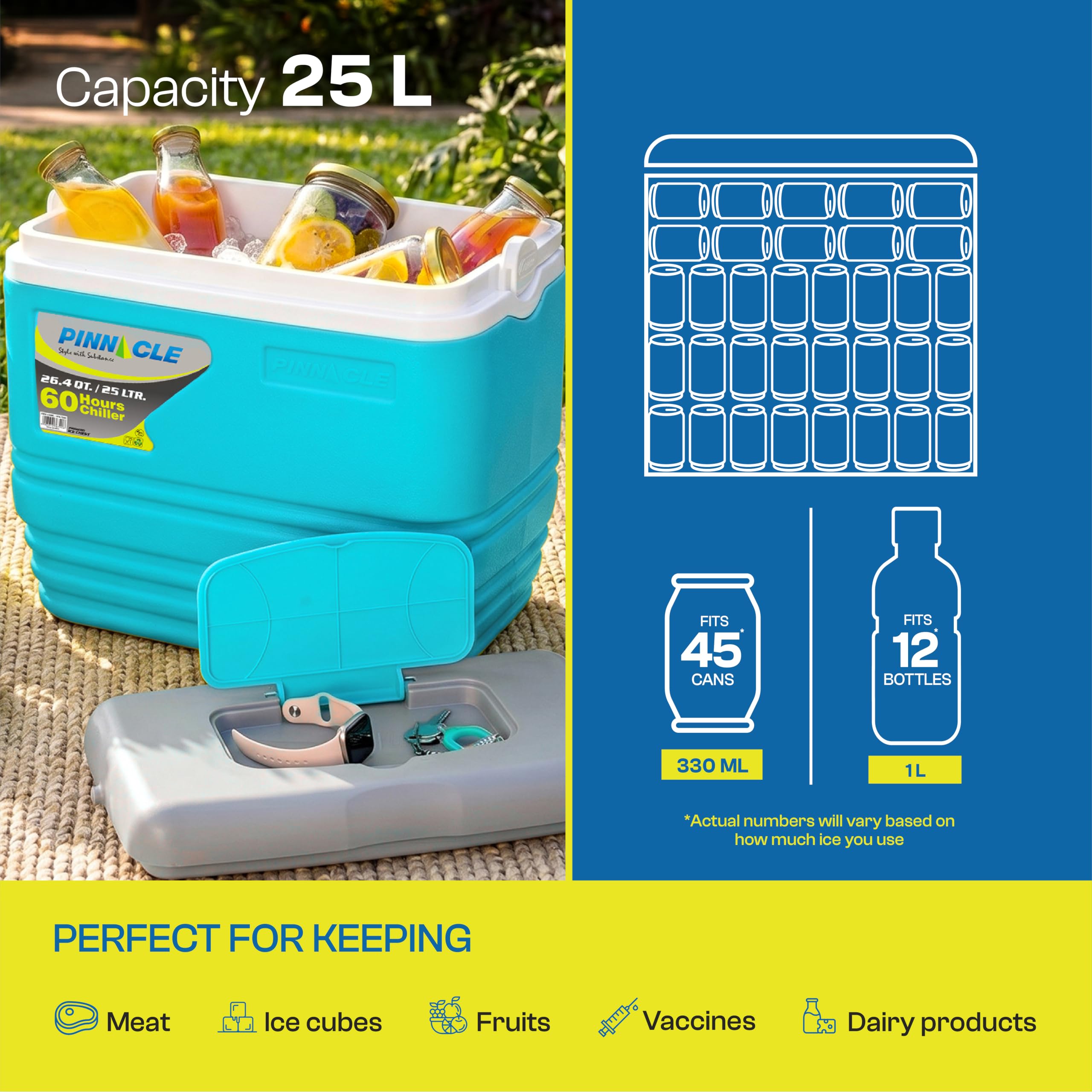 Pinnacle Primero 32L Chiller Ice Box | Fits 50 cans | Holds Ice Upto 72hrs | Insulated Portable Ice Cooler Box with Dry Storage, Cup Holders | Perfect for Car Travel, Parties, Picnic,Sports (Hydra) 2