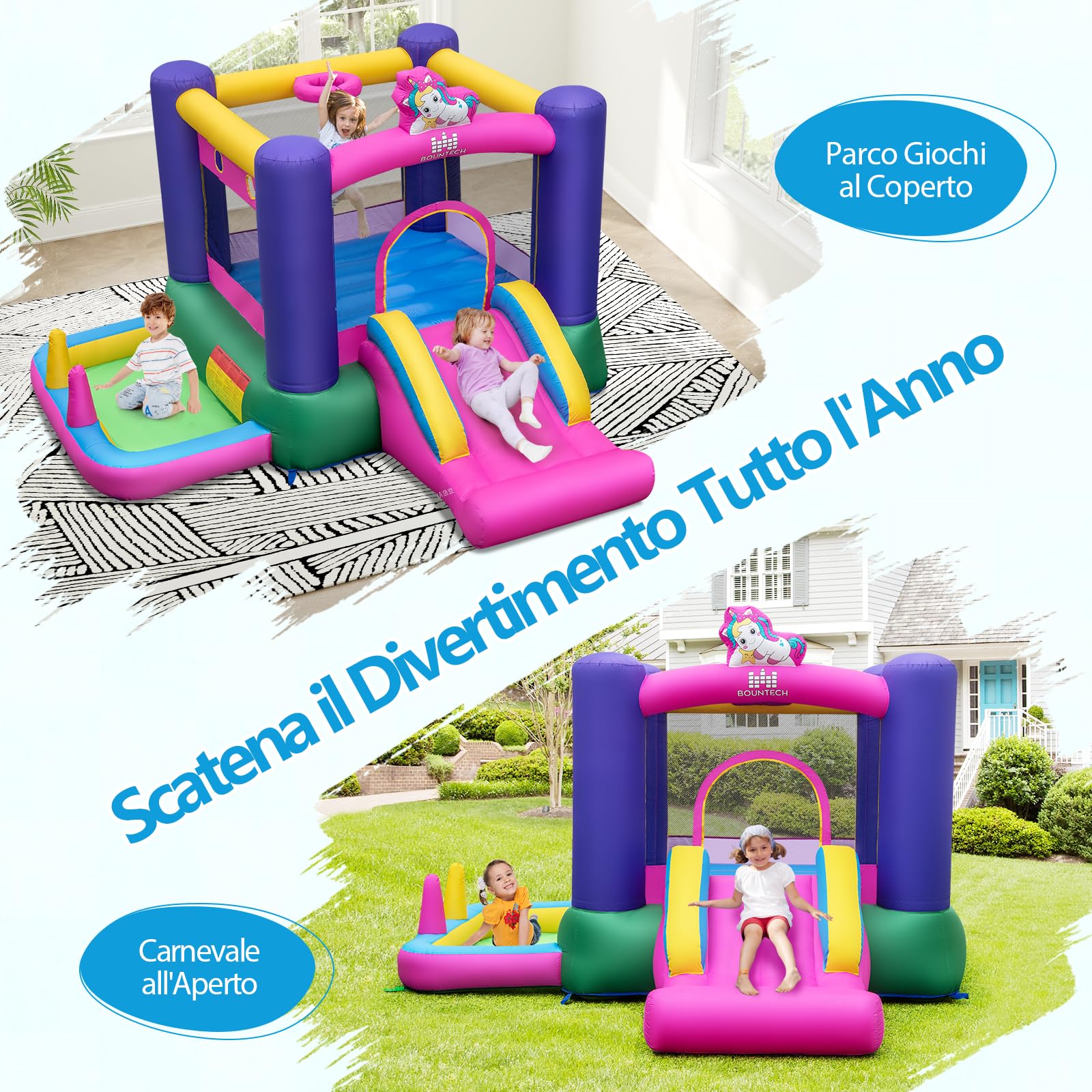 COSTWAY Castello Gonfiable 6 in 1 per Bambini con Scivolo, Castello Gonfiabile con Trampolino, Piscina e Canestro Basket, Gioco Gonfiabile da Interno ed Esterno, per Bambini da 3 a 12 Anni