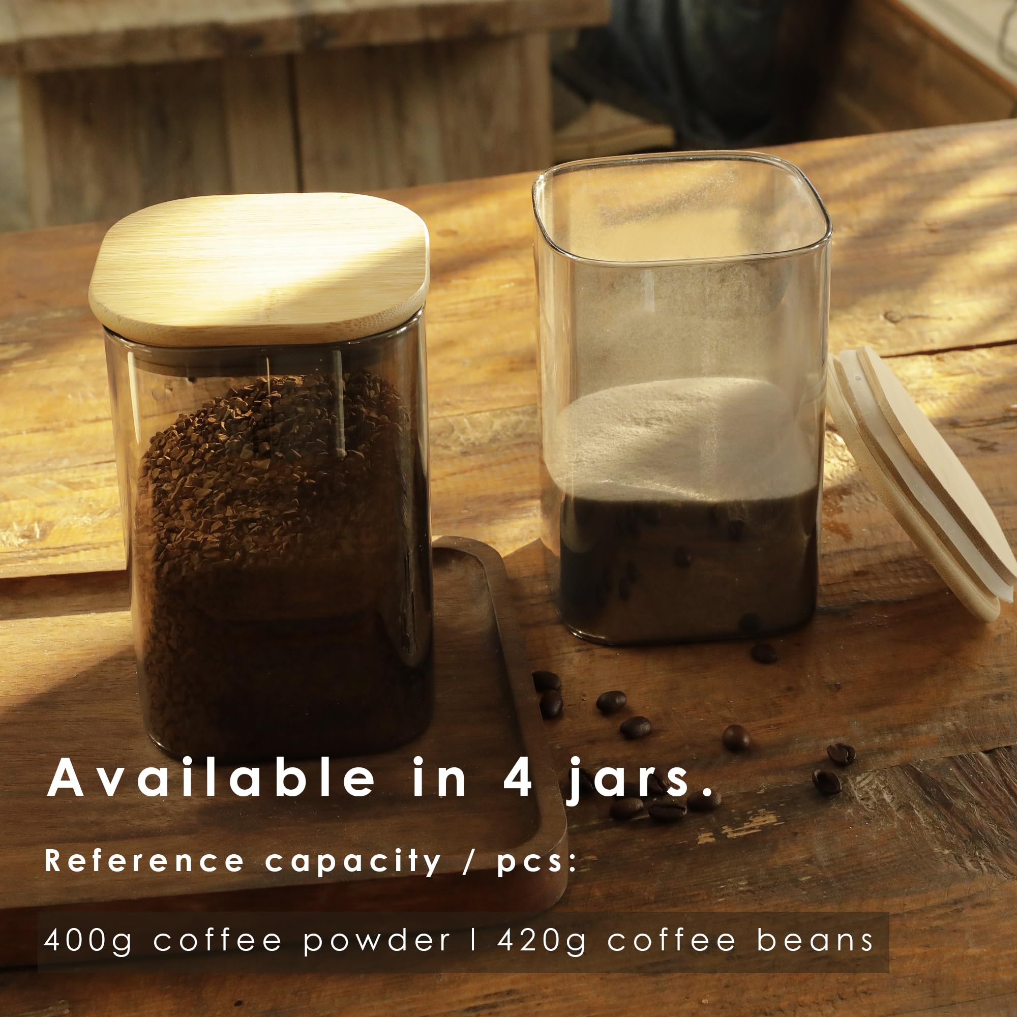 LIBWYS 4er Set UV Schutz Vorratsgläser Kaffeebohnen behälter mit Bamboos Deckel Eckig Vorratsdose Glas - 1150 ml * 4 Glasbehälter ( 4pcs - UV Schutz)