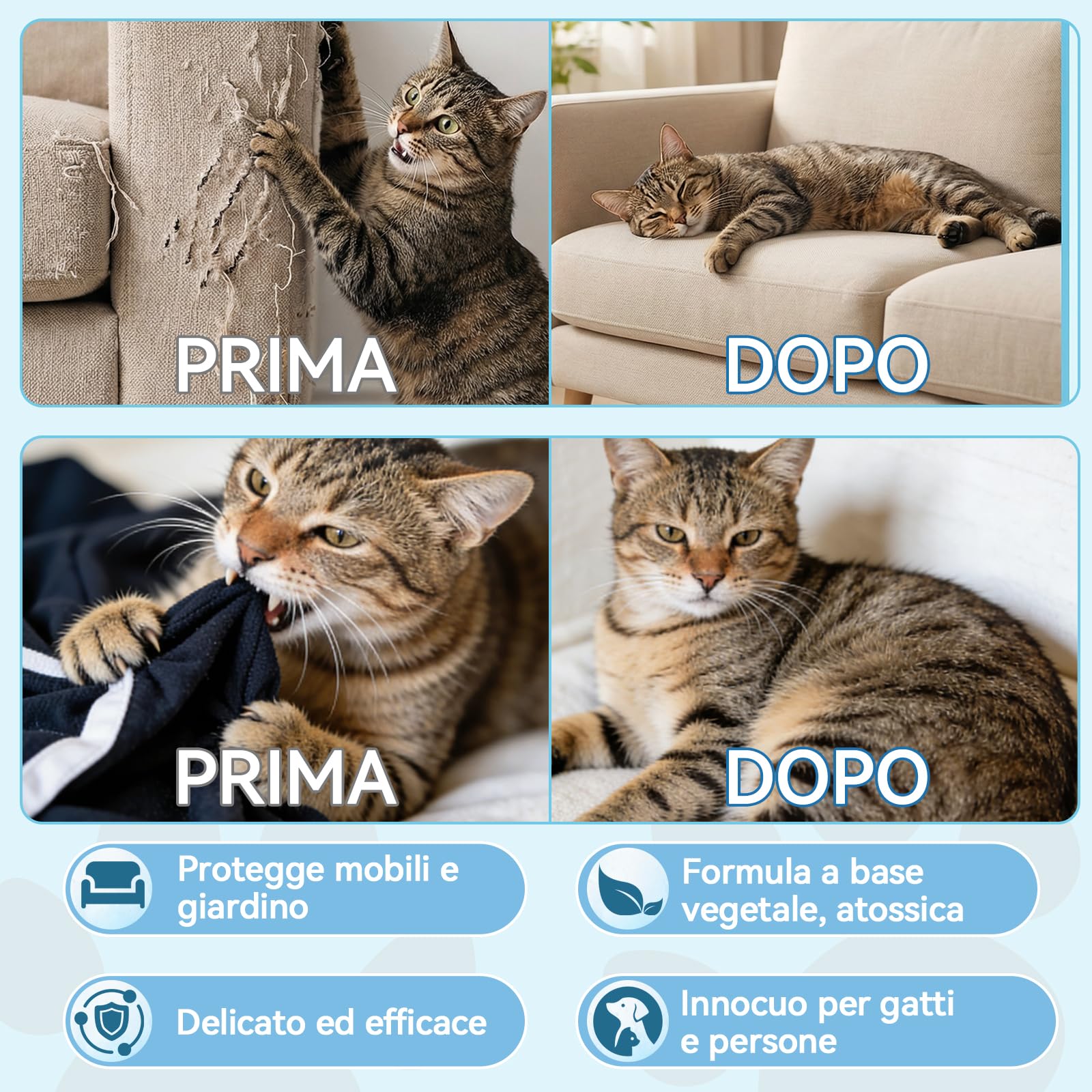 Spray Repellente per Gatti – Repellente per Gatti & Dissuasore per Gatti Naturale – Efficace Disabituante Gatti per Interni ed Esterni – Spray che Allontana Gatti e Protegge Mobili, Giardino e Divani