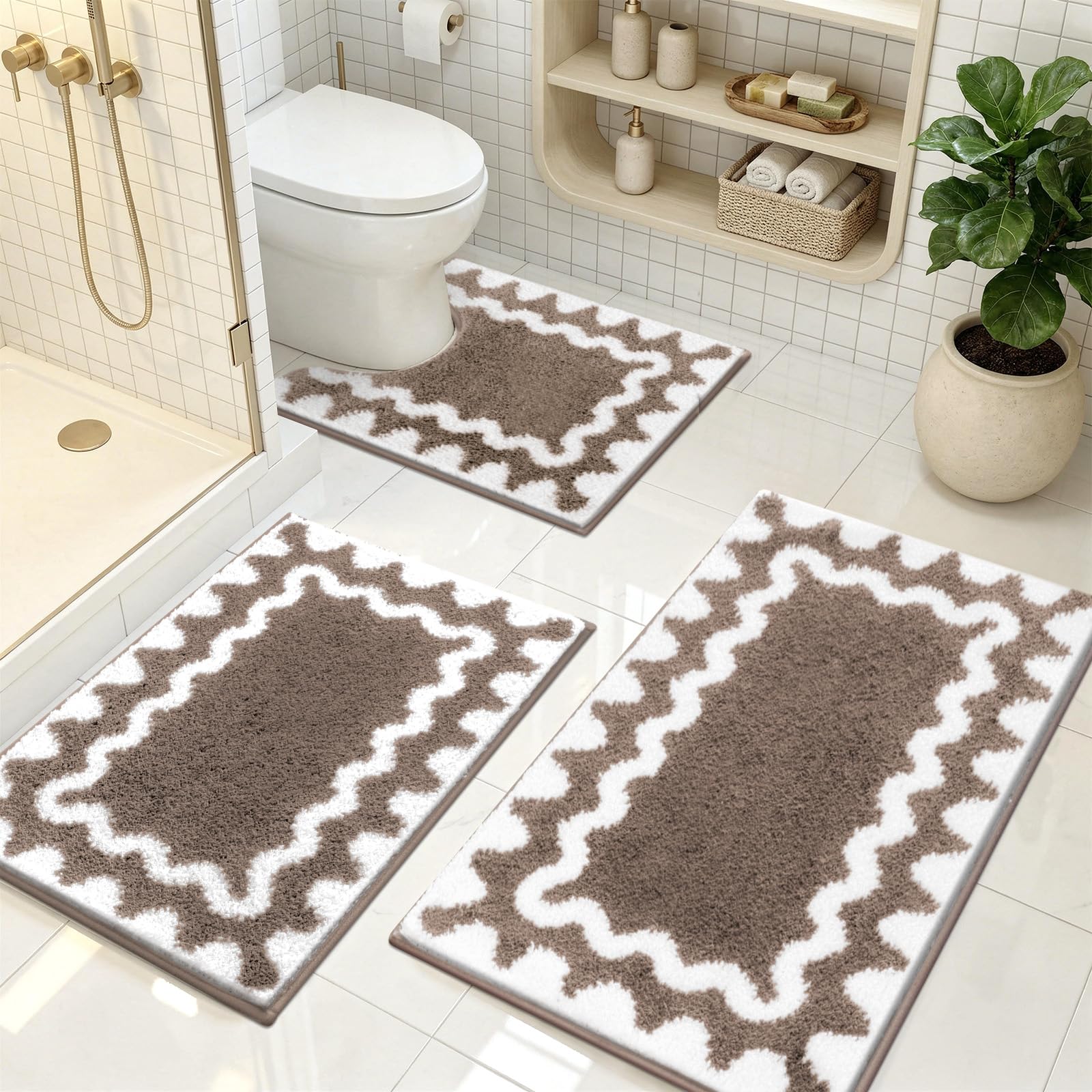 Homodeco Bath Mat Sets 3 Piece, Microfiber, Brown & White