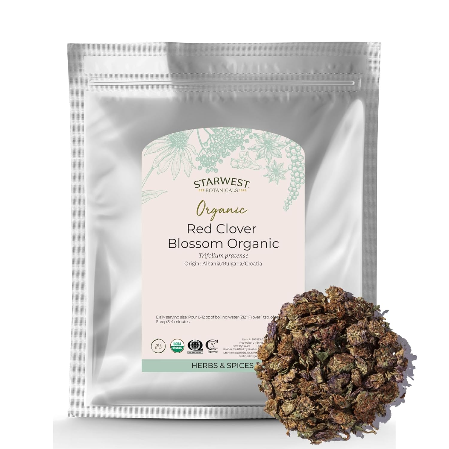 Starwest Botanicals Red Clover Blossoms Whole Organic - Dried Loose Leaf Herb for Tea, Edible Flowers, Certified Kosher, Non-GMO - Bulk 1 lb Bag