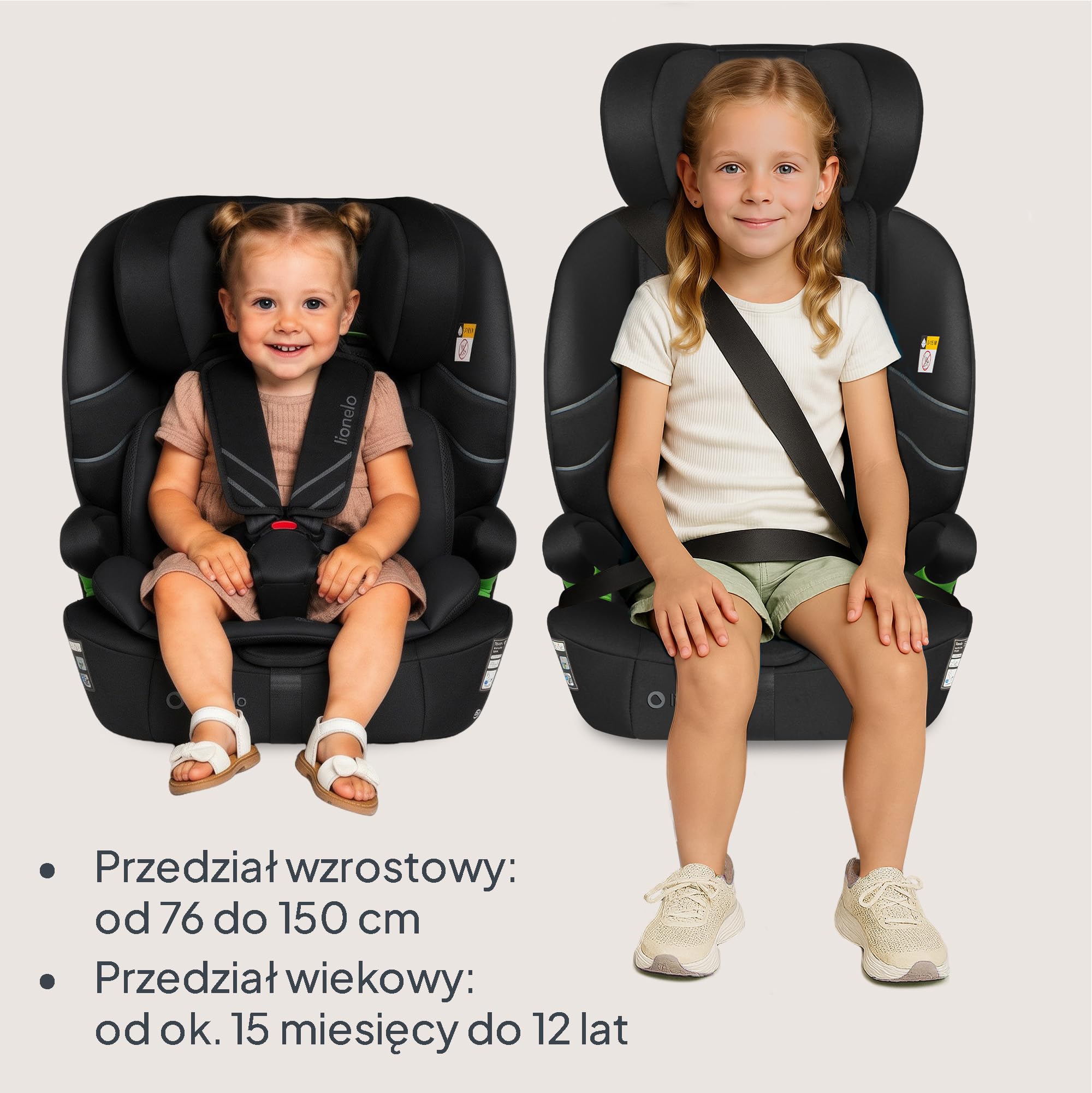 Lionelo Levi Fix I-SIZE fotelik dziecięcy 76-150 cm do 18 kg, grupa 1 2 3, osłona boczna, regulacja zagłówka 10 stopni, ISOFIX i montaż Top Tether, R129 i-Size
