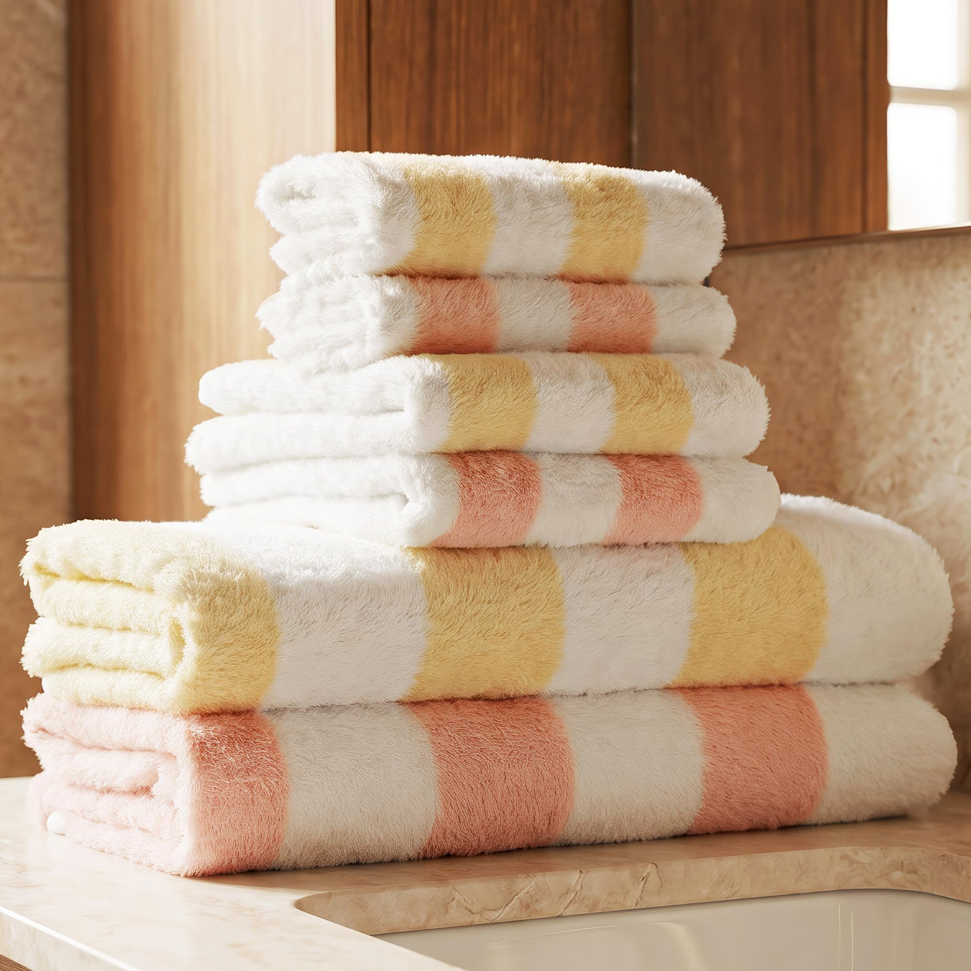 Vie TRIOMPHE Towel Set 6 Piece, Striped Cotton, Yellow Pink