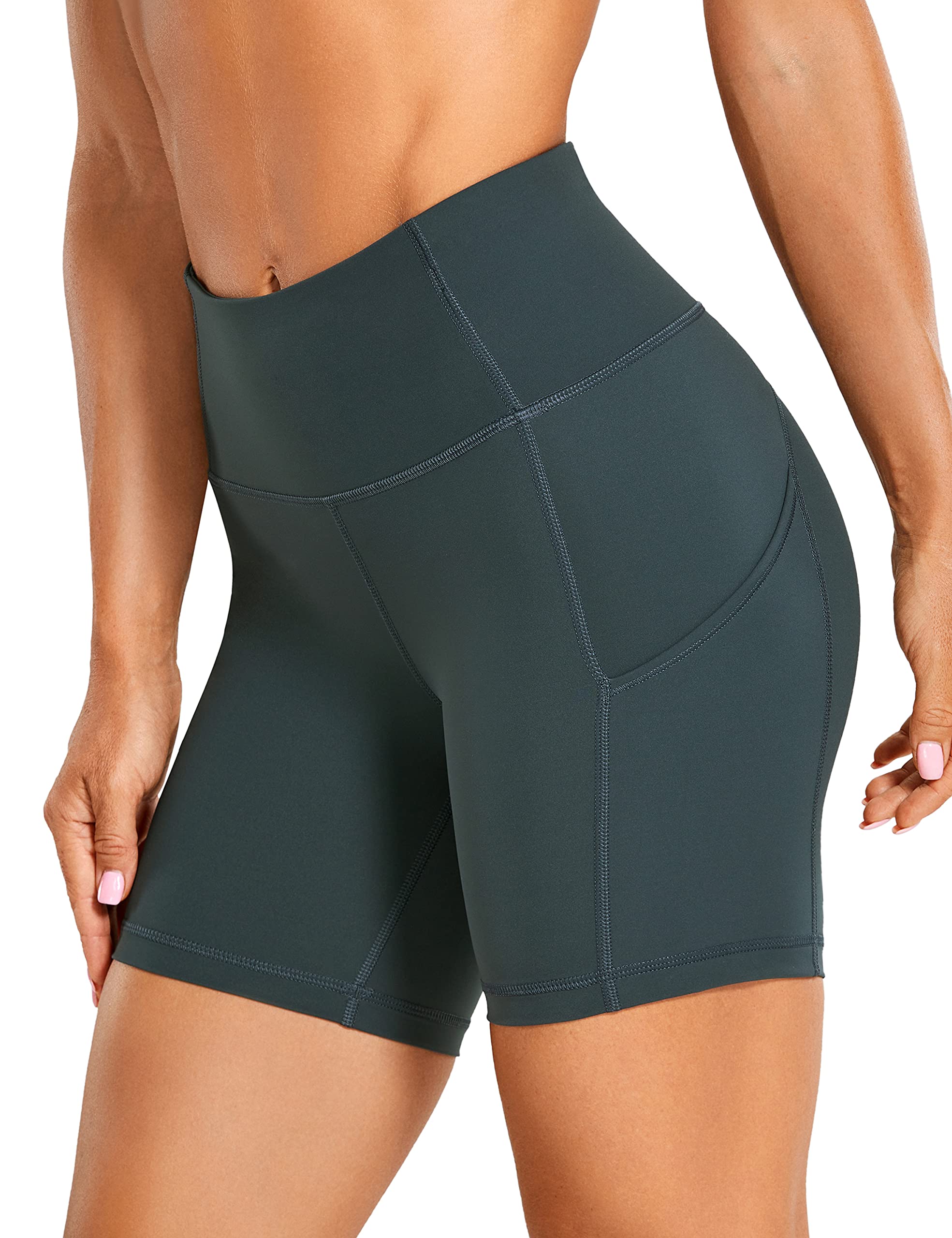 CRZ YOGA Womens Naked Feeling Light 6'' Cycling Shorts - High Waisted Gym Running Workout Spandex Tummy Control Shorts Pockets Melanite 16