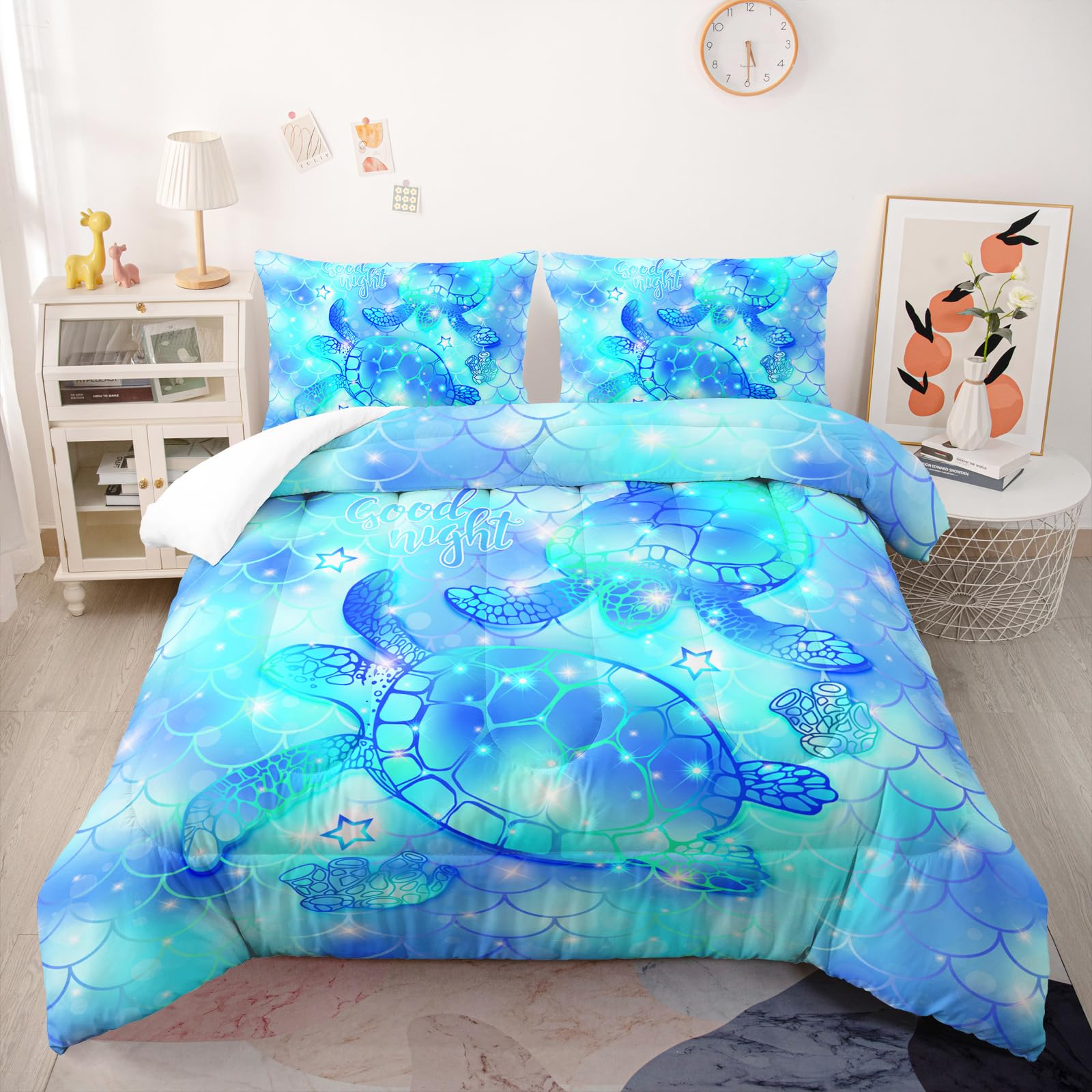 Nttopship Sea Blue Dream Turtle Comforter Sets Twin Size Sea Turtle Bedding Sets for Kids,Sparkling Fish Scale Theme All Season 1 Comforter and 2