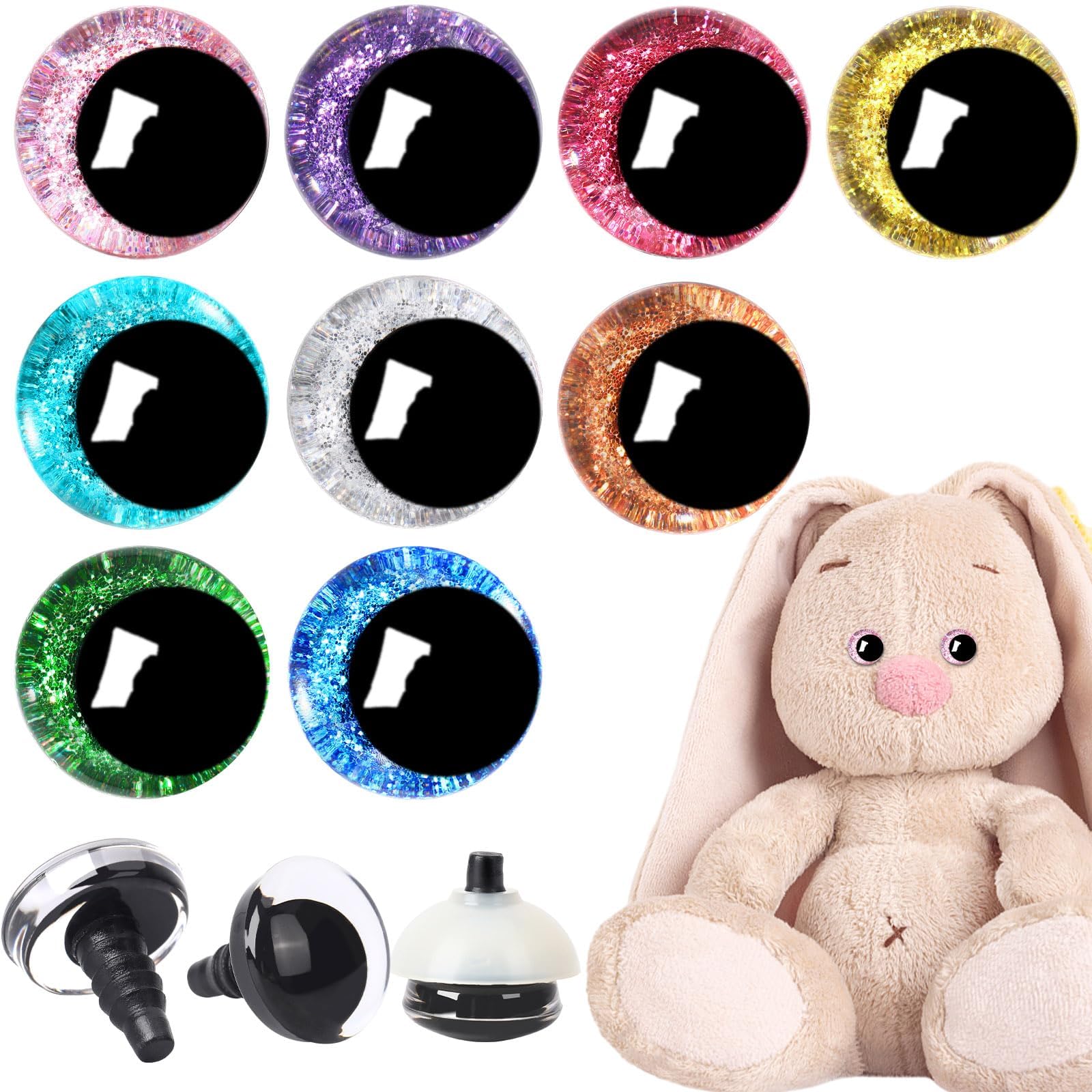 UPINS 180 Pieces 18mm 3D Glitter Plastic Safety Eyes with Washers for Amigurumi Stuffed Animal Moon Eyes Plastic Craft Doll Crochet Eyes for DIY of Puppet, Bear, Toy Making Supplies (9 Colors)-image-37
