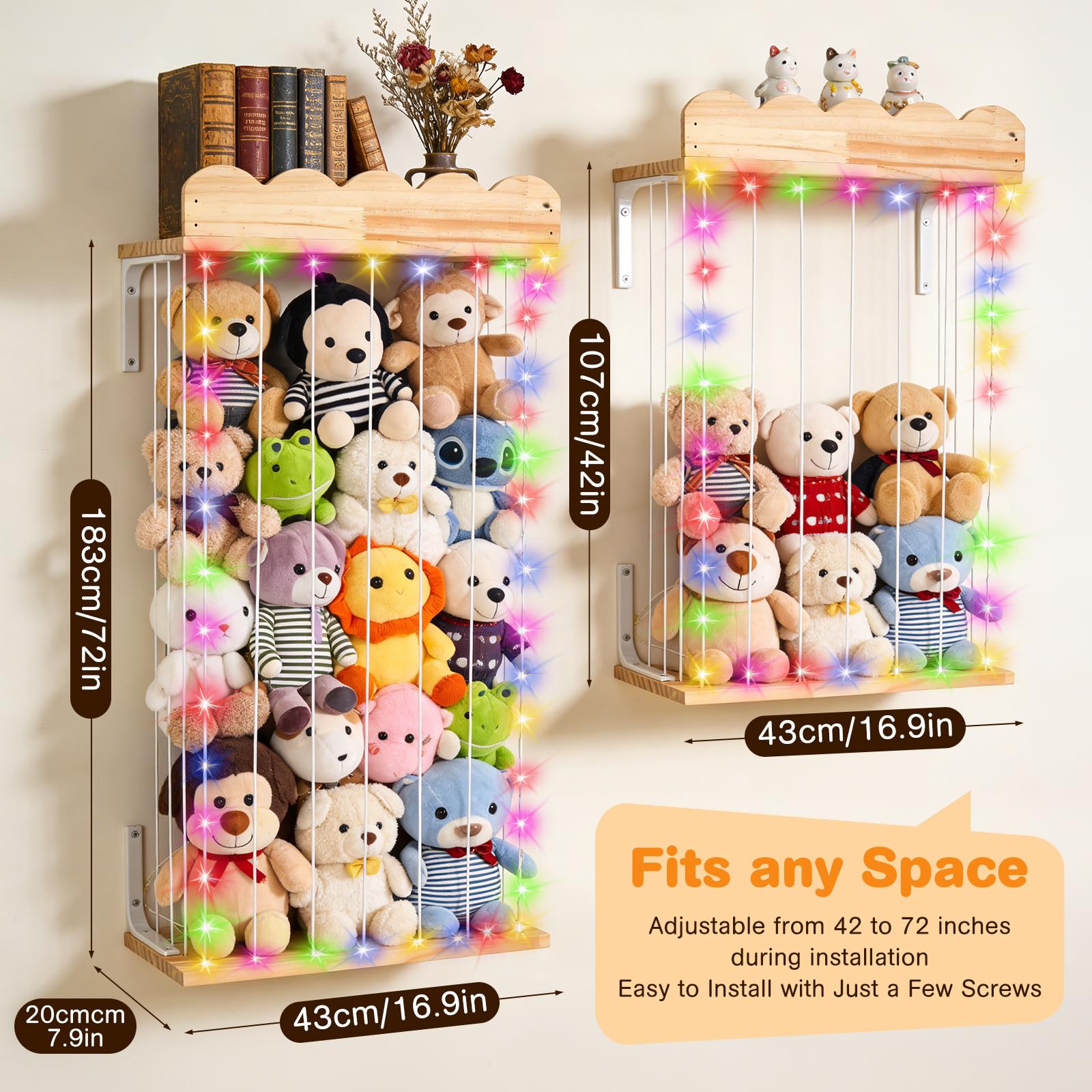Rangement Peluche de Enfant, Mural Suspendu Range Peluche en Bois Gain de Place, 183 * 43 * 20CM Rangement Jouet Enfant pour Salle de Jeux, Chambre d'enfant, Chambre à Coucher,Hauteur Ajustable