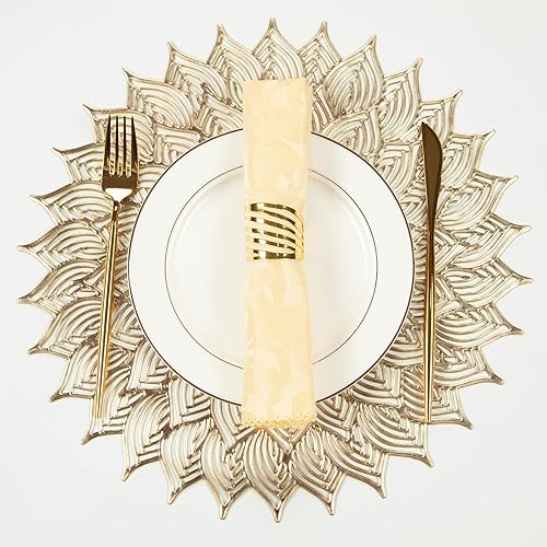 Crisjanggo Juego de 6 manteles individuales para mesa redonda, con líneas doradas, de 15 pulgadas, antideslizantes, impermeables, huecos, para