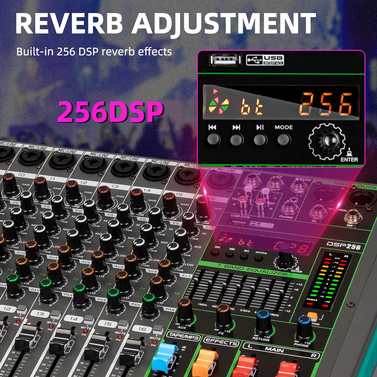 Depusheng PA16 Console de mixage audio professionnelle Console d'harmonie Interface système 16 canaux USB Bluetooth MP3 Entrée d'ordinateur Alimentation fantôme 48 V Effet de réverbération 99 intégré