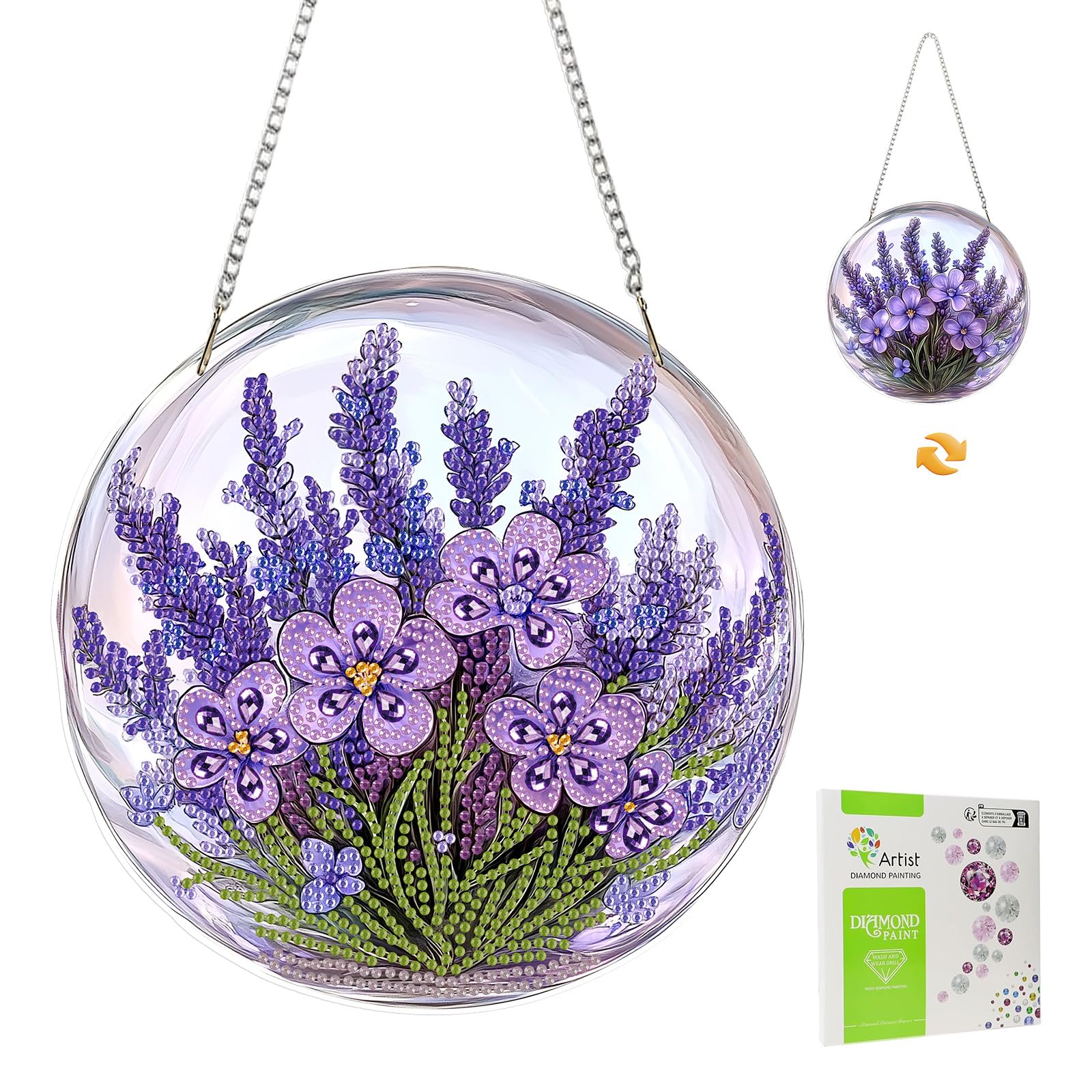 MISCER Purple Flower Hanging Diamond Art Painting Kits for Adults Double Sided, DIY 5D Diamond Painting Pendants, Crystal Diamond Gem Art Painting for Window Garden Home Wall Decor