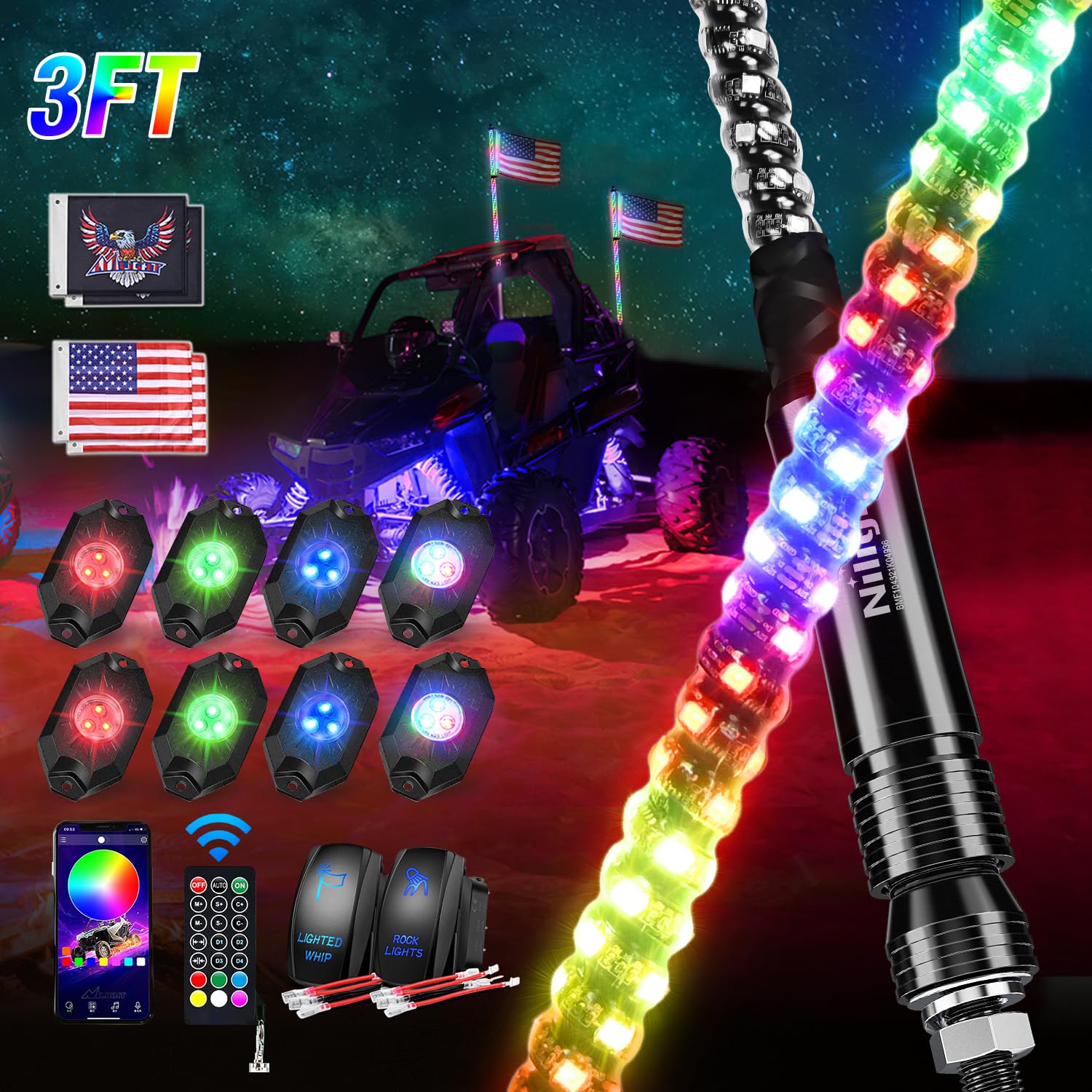 Nilight 2PCS 3FT RGB LED Whip Light and 8 PCS Rock Lights Combo Kit