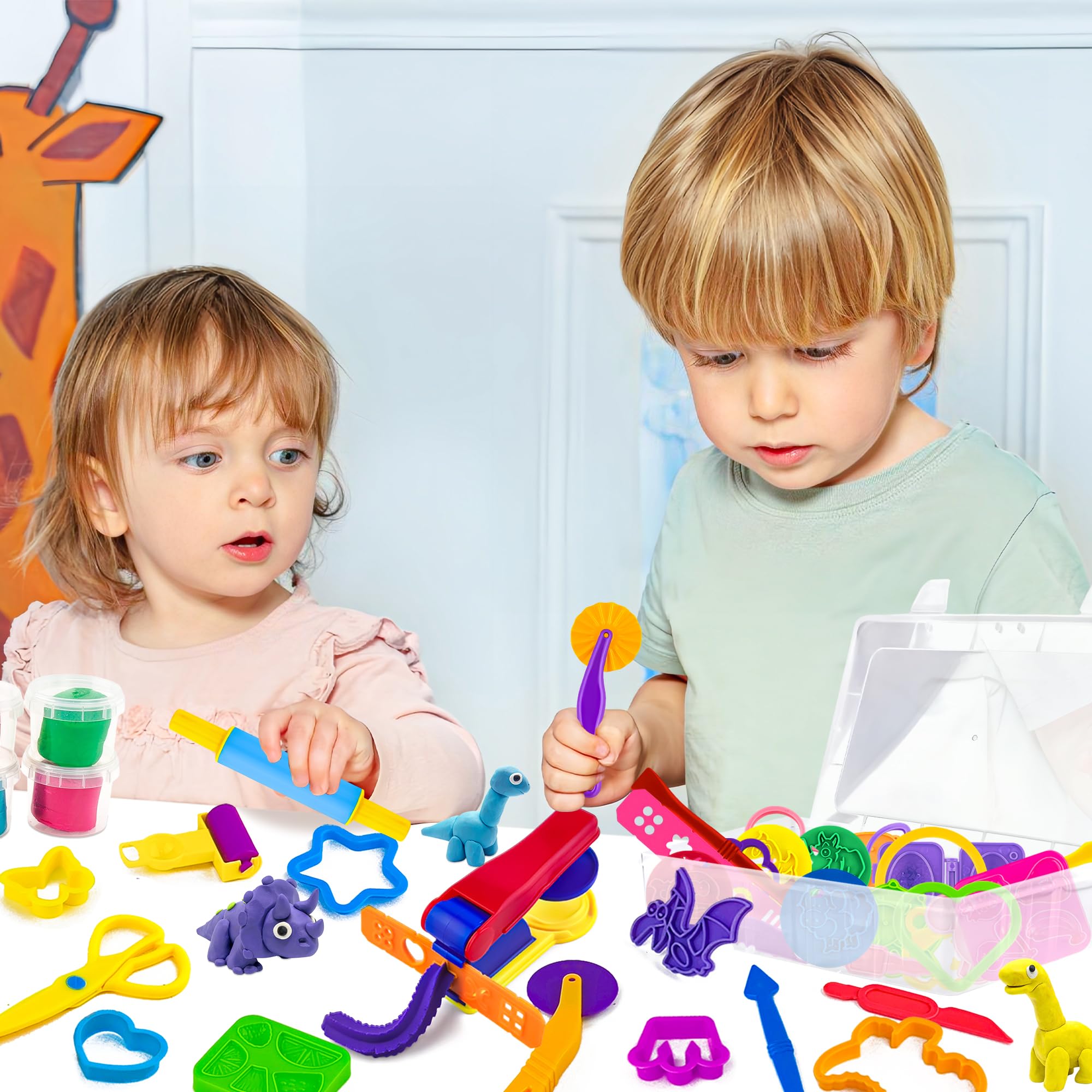 Juego de herramientas de juego de masa para niños, 44 piezas, accesorios de masa con tijeras, cortadores, rodillos, rodillos, prensa de pasta, animales de dinosaurio, moldes de frutas, caja de 7