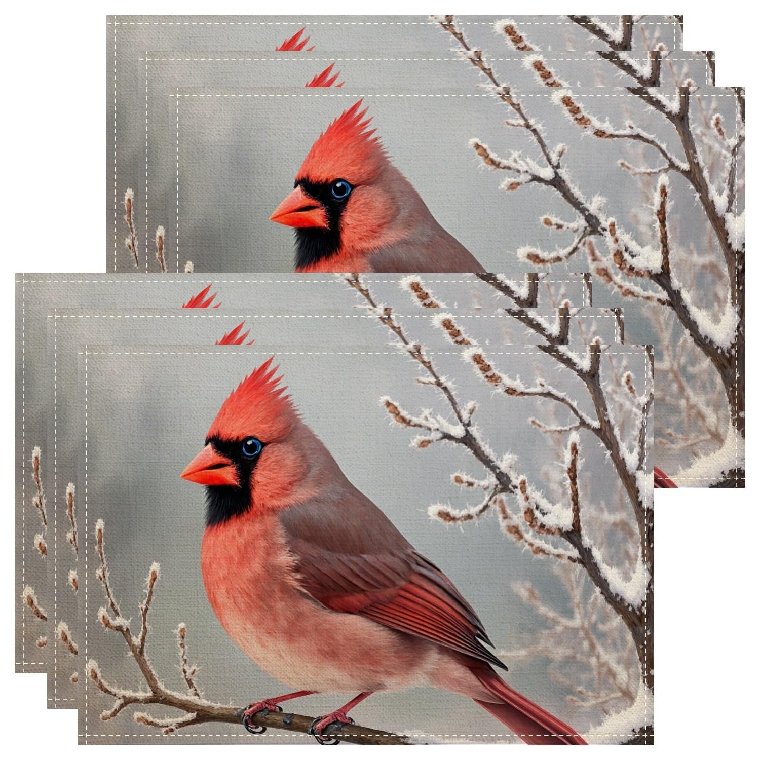 Cardinal Bird Placemats, Rustic Winter Nature Place Mats for Dining Table, Holiday Non-Slip Washable Indoor Outdoor Kitchen Party Decorative Placemat Set of 6