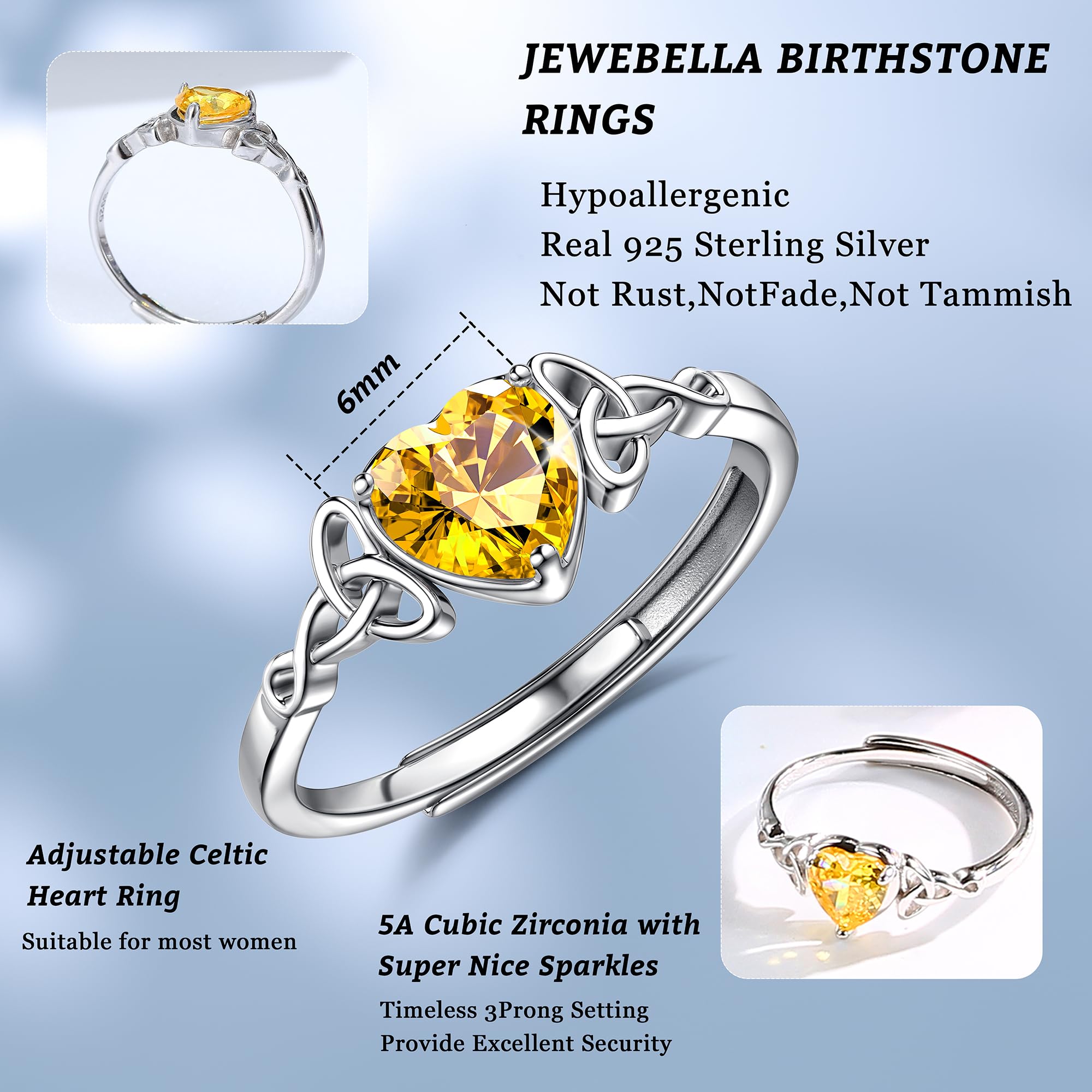 WBDWWTD JeweBella 925 Sterling Silber Ringe für Frauen, Verstellbarer Herz-Geburtsstein, keltischer Knotenring, Verlobungsring, Hochzeit, Versprechensring, Daumenringe für Frauen und Mädchen,
