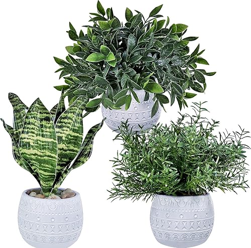 Winlyn Juego de 3 pequeñas plantas artificiales en maceta, eucalipto, romero y serpiente tropical en macetas geométricas blancas para centros de