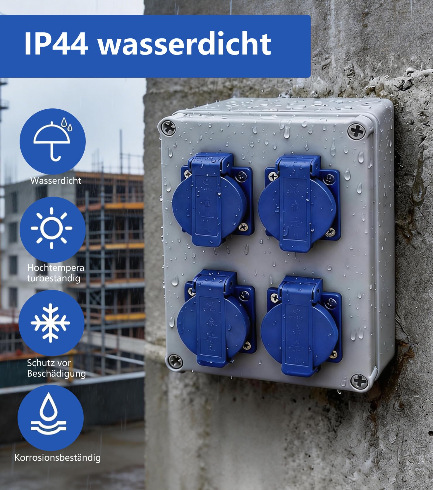 Répartiteur mural pré-câblé avec 4 prises de 230 V 16 A Montage en saillie Schuko IP44 Étanche pour chantiers de construction, maison, industrie, intérieur et extérieur