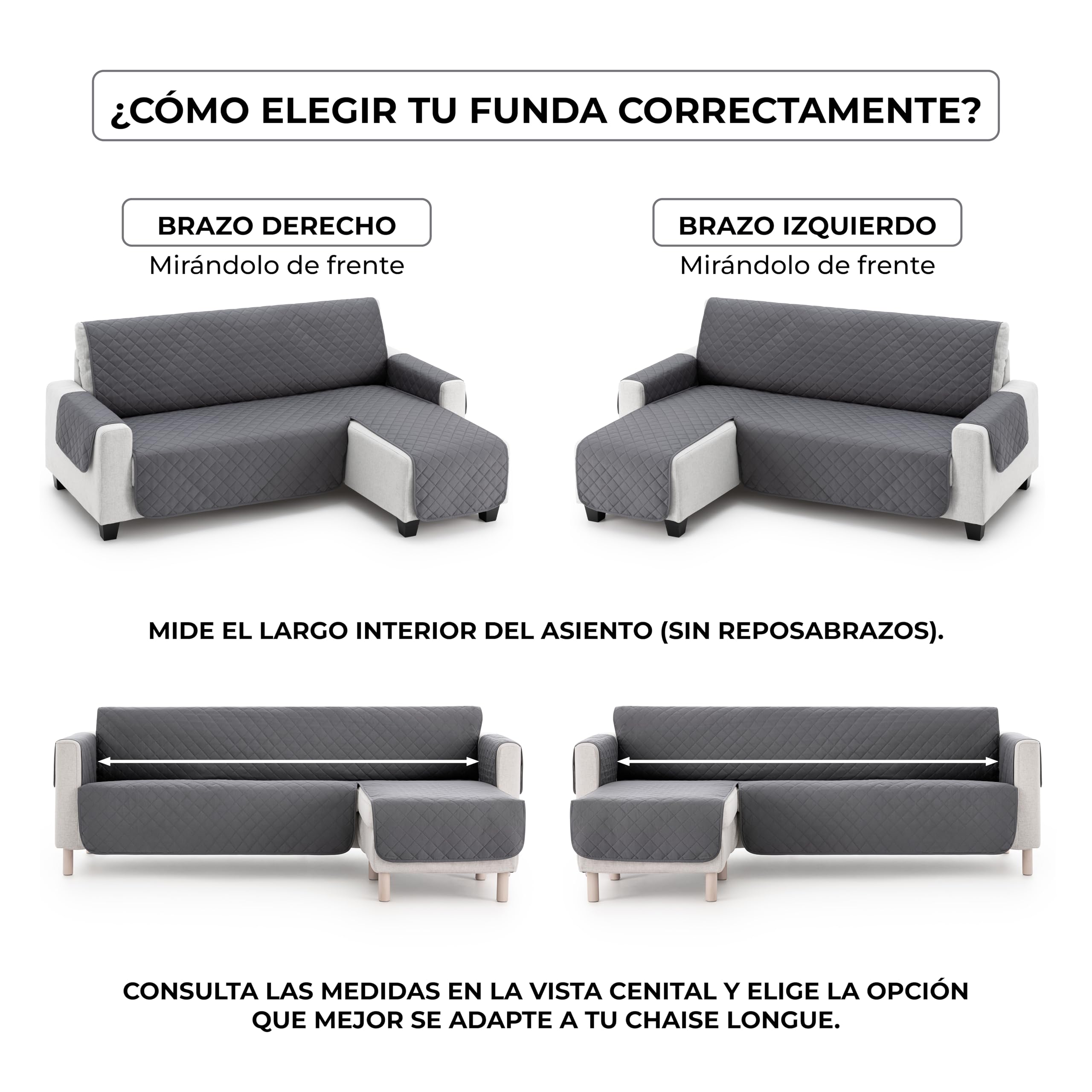 Funda Cubre Chaise Longue Acolchada Due 200 cm, Brazo Derecho, Color Gris, Protector de Sofá Universal, Tacto Suave y Resistente, Ideal para Mascotas, Fabricada en España