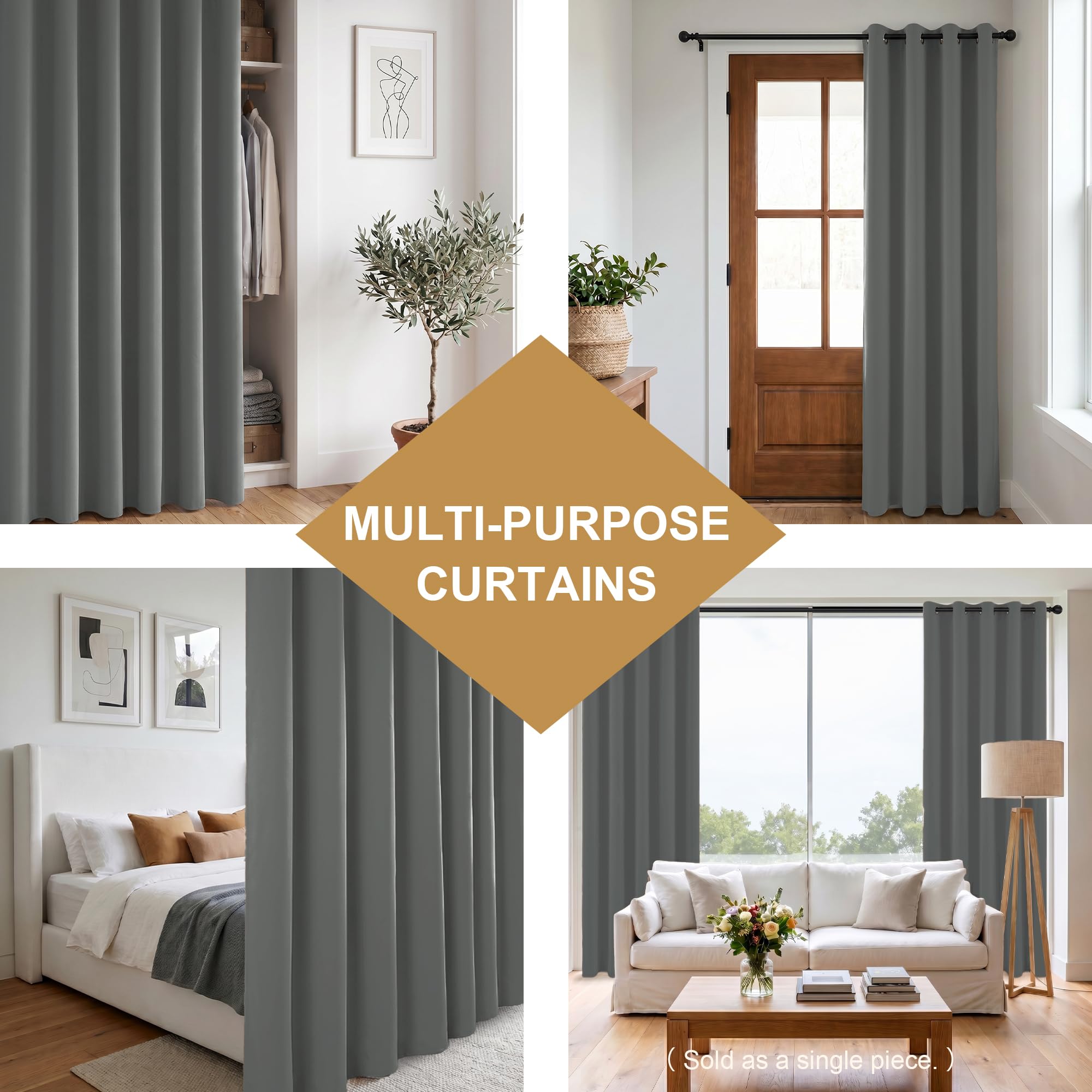 Hiasan Rideau Occultant Thermique, 132 x 210 cm (L x H), Gris Foncé | Lumineux Bloquer anti Bruit avec œillets, pour Maison Chambre Salon Bureau Porte d'Entrée, 1 Piece