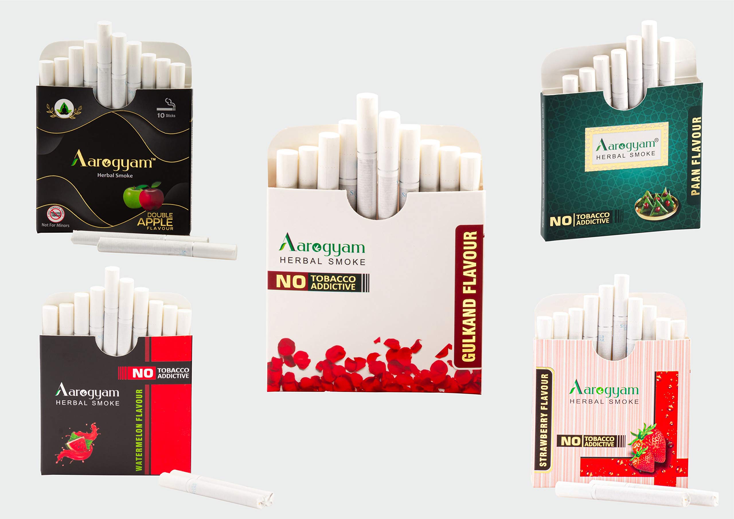 Aarogyam Herbals Leaf Cigarette Hand Rolled with Tendu Leaves, 100% Tobacco and Nicotine Free Smoke for Cough, Cold and Relieve Stress - Regular Flavour (2 Packets)  Aarogyam Herbals Tobacco and Nicotine Free Herbal Flavor Cigarette For Relieve Stress - Double Apple, Mint, Blueberry, Watermelon, Strawberry Flavour - Pack of 5 (50 Sticks)