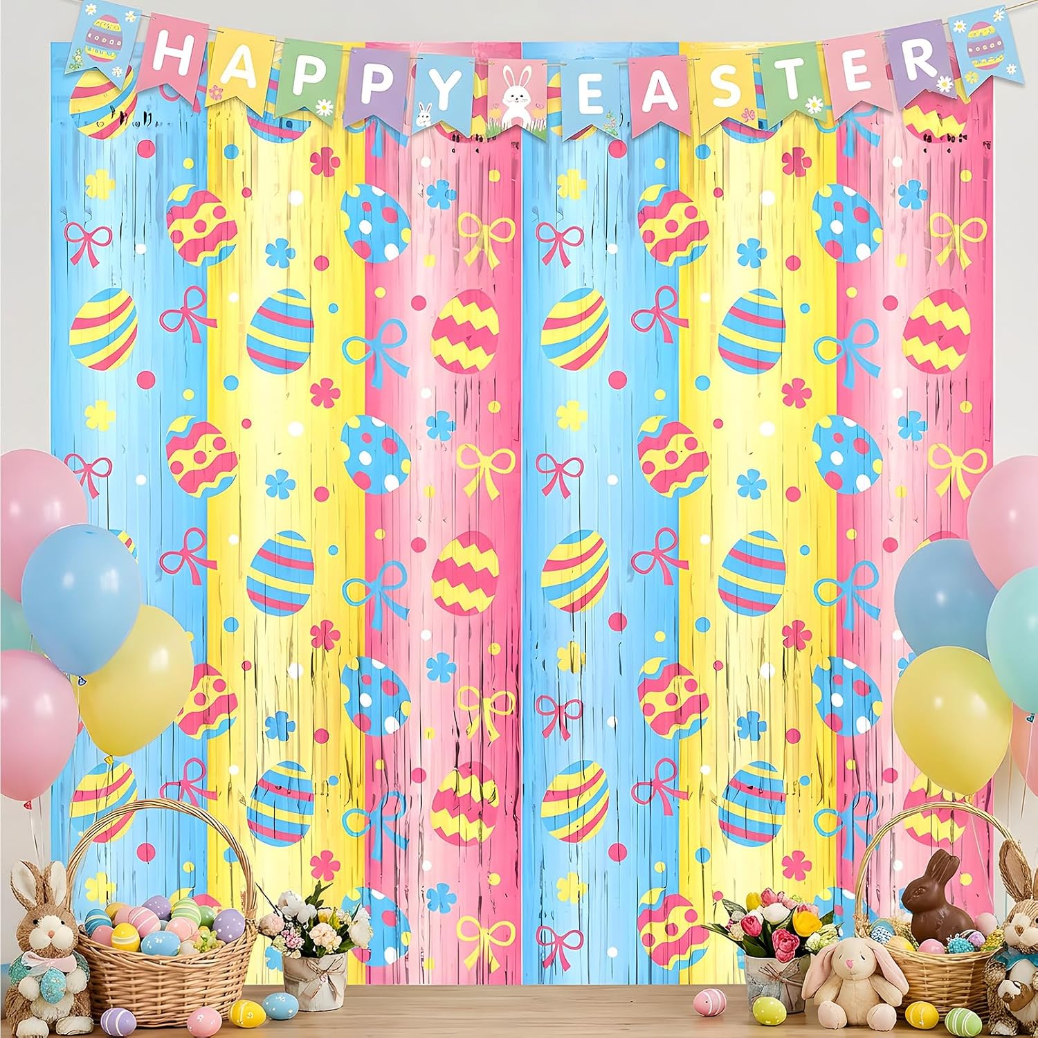 Yquqwn 2 Pack Easter Foil Fringe Curtain 3.3x6.6ft Colorful Egg Bunny Tinsel Backdrop for Spring Party Decorations Self-Adhesive Metallic Streamers for Photo Booth Propsa Party Supplies