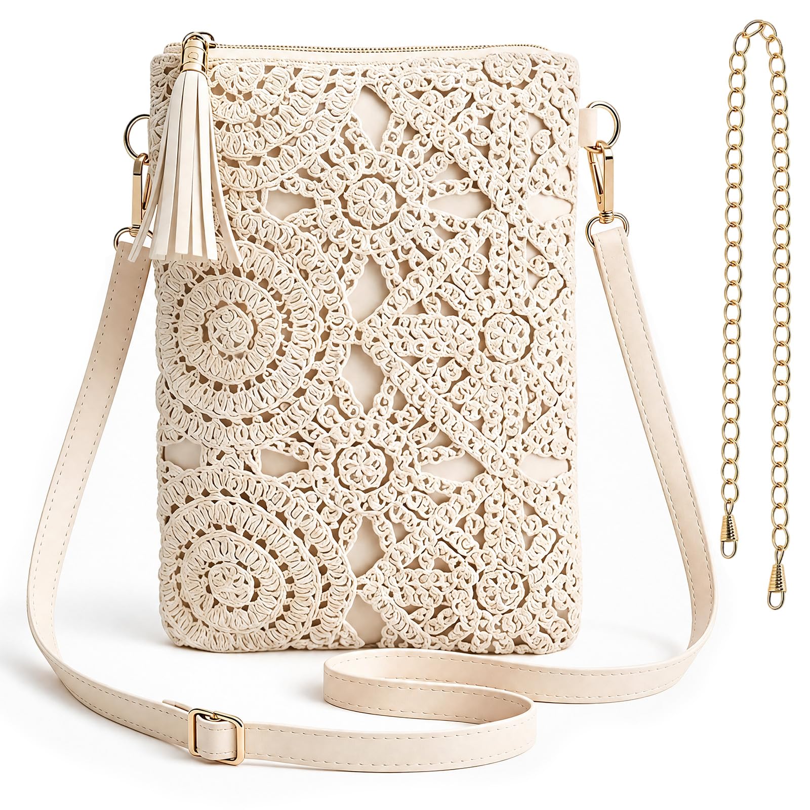 Teomevie Häkel Handytasche zum Umhängen Damen mit 2 Schulterriemen | Umhängetasche Sommer, Häkeltasche mit Metallriemen & Lederriemen, Kleine Tasche Damen für Arbeit, Einkaufen und Party