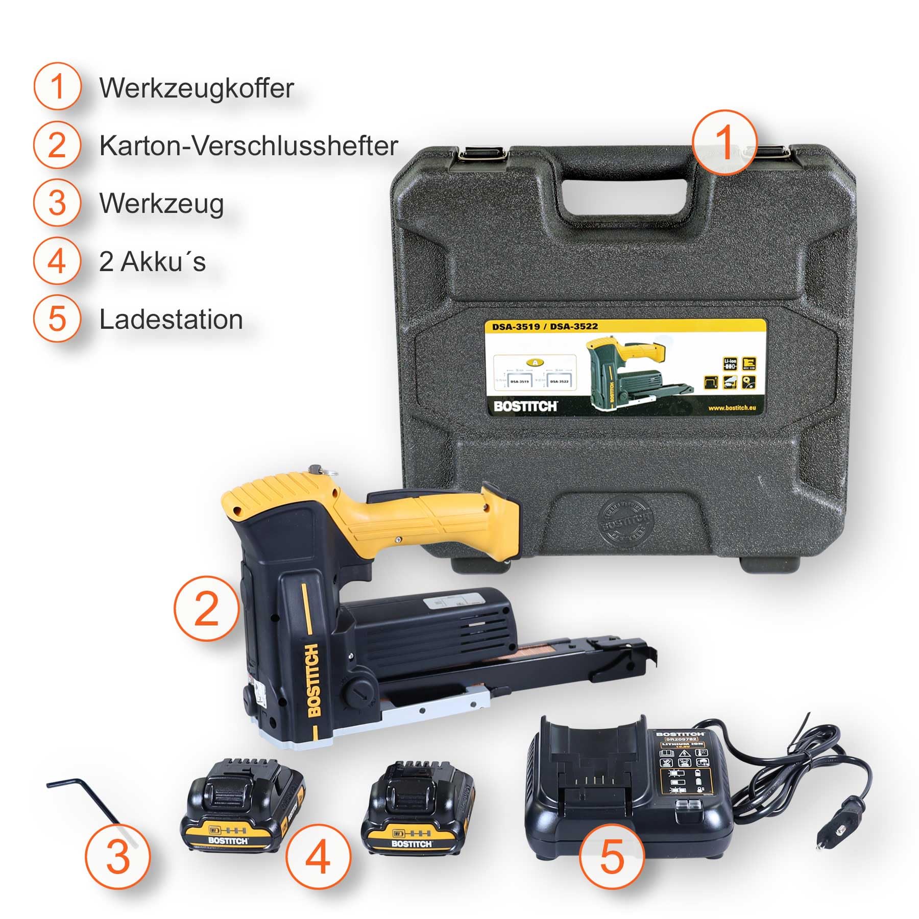 Bostitch Akku Kartonhefter DSA-3519-E | Zwei Akkus | Kartonverschlusshefter inkl. 10.000 Klammern 35 x 18 mm | Zuverlässig und einfache Bedienung des Hefters