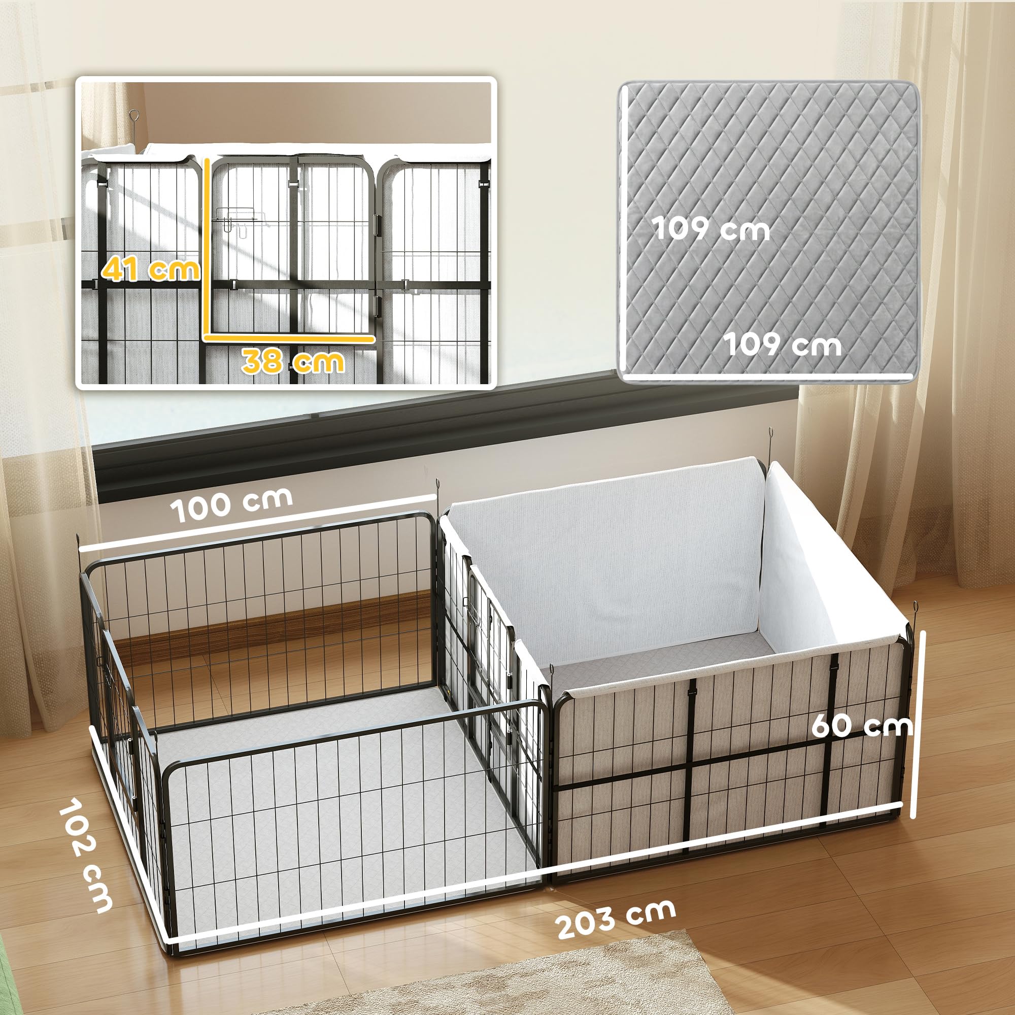 PawHut Caja para Cachorros, Parque para Cachorros con 7 Paneles, 2 Secciones, Alfombrilla Lavable, 2 Puertas, Parque para Perros pequeños y medianos 203 x 102 x 60 cm, Color Negro