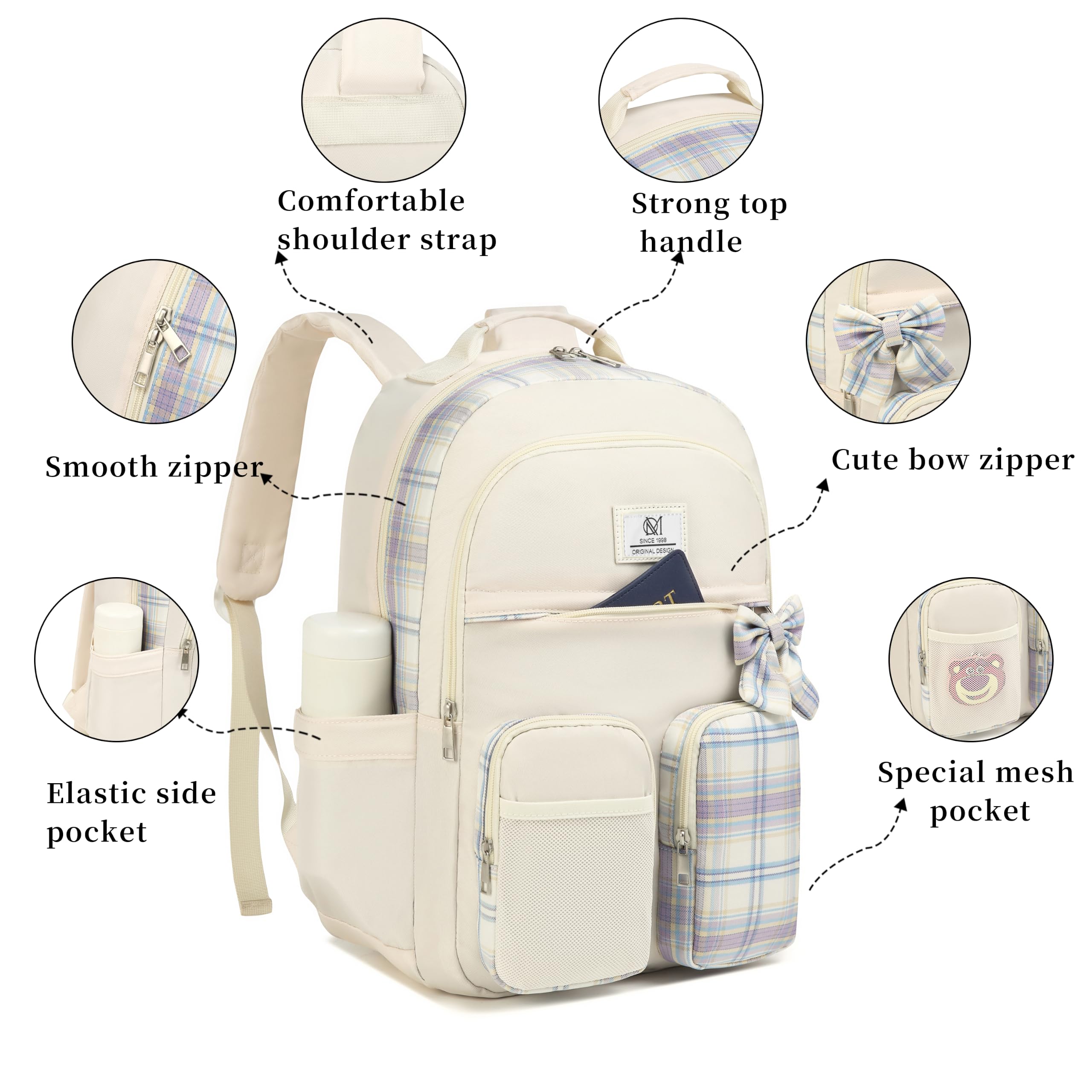 Zaino da scuola per adolescenti, zaino estetico con scomparto per laptop per studenti delle scuole medie, mochila para niñas, beige