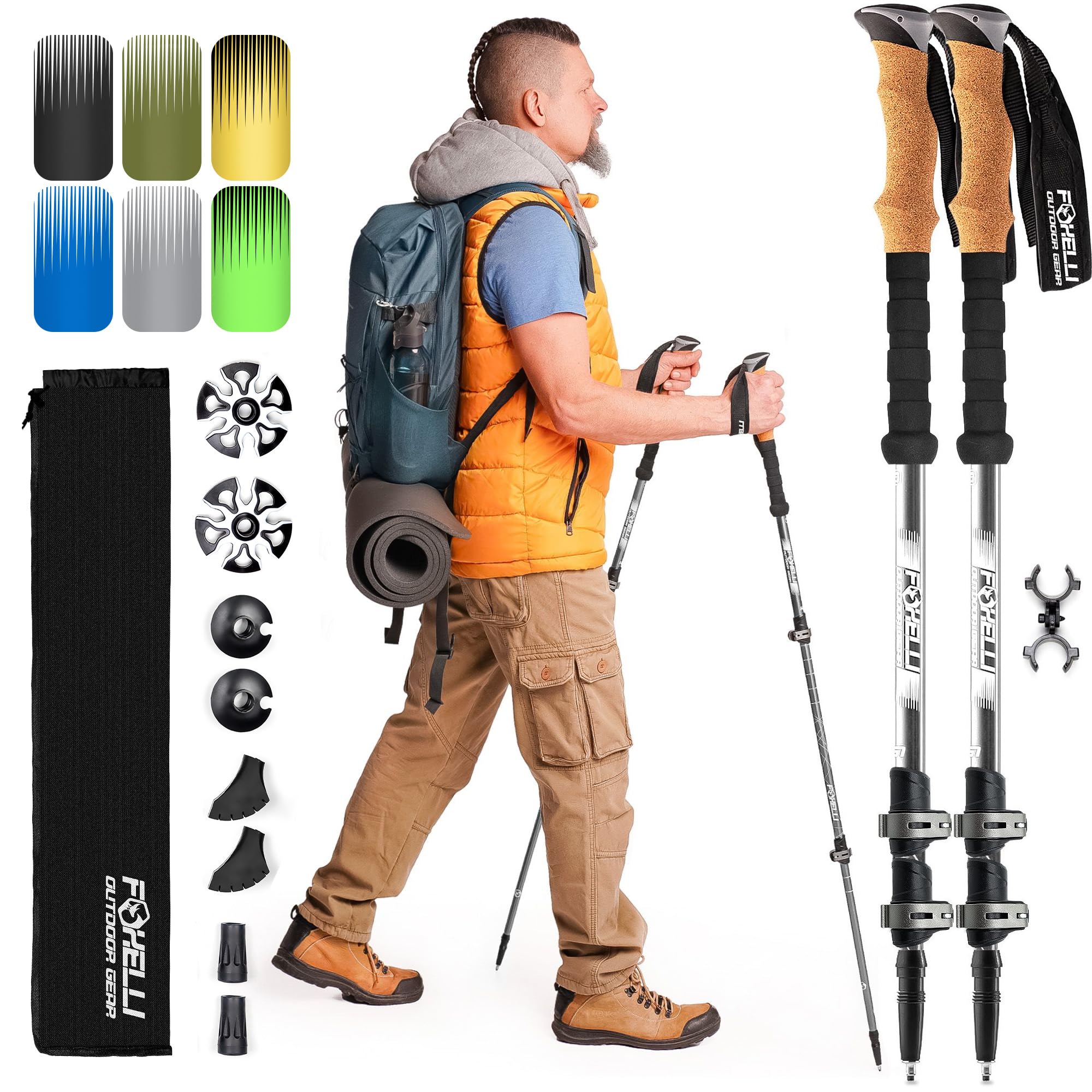 Foxelli Trekking Poles – Lightweight Collapsible Aircraft Grade Aluminum Hiking Poles with Cork Grips Quick Locks & All-Terrain Accessories – Pair of