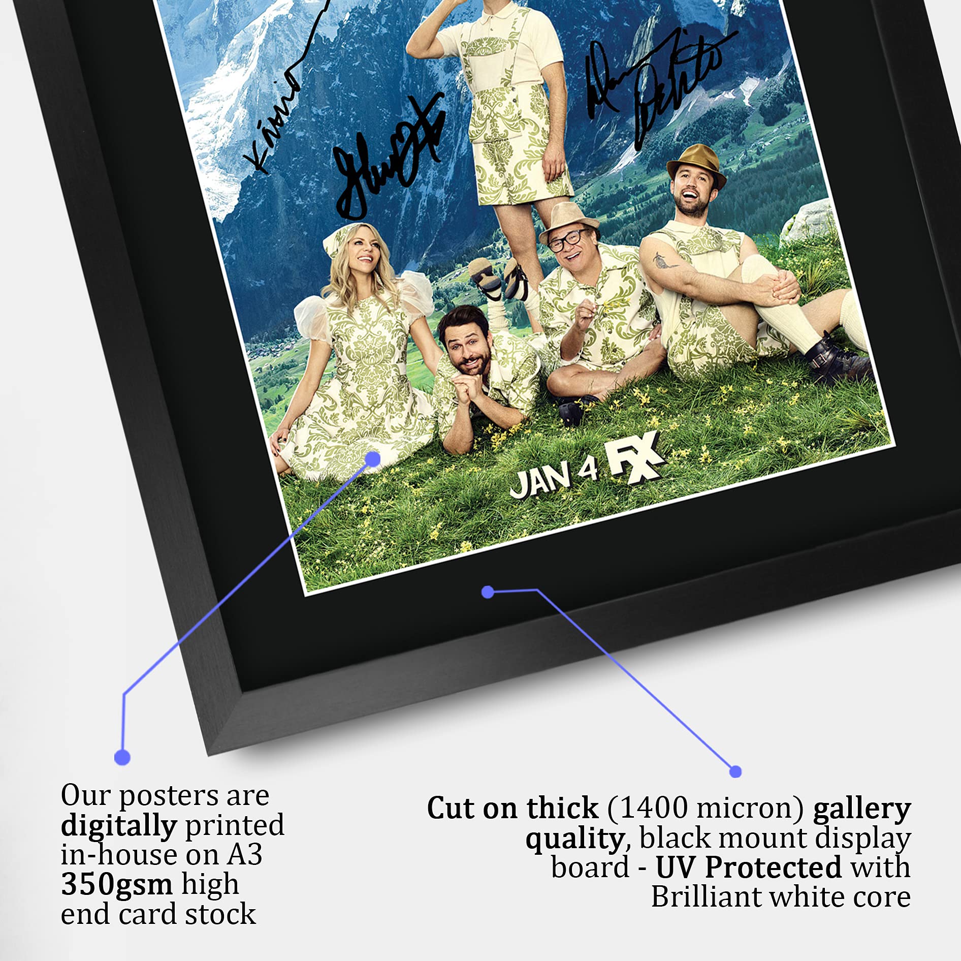 HWC Trading Poster della serie TV Its Always Sunny In Philadelphia - Il cast autografato da 40,6 x 30,5 cm, con cornice, regalo stampato con cornice, 40,6 x 30,5 cm