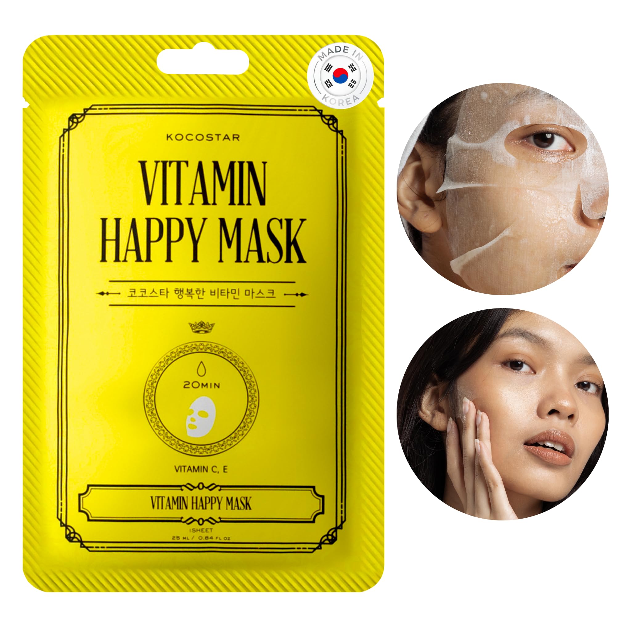 Kocostar I Caja 10 Unidades Vitamin Happy Mask I Mascarilla Facial Coreana I Con Vitaminas C y E y Antioxidantes I Protege Contra Radicales Libres y Fotoenvejecimiento