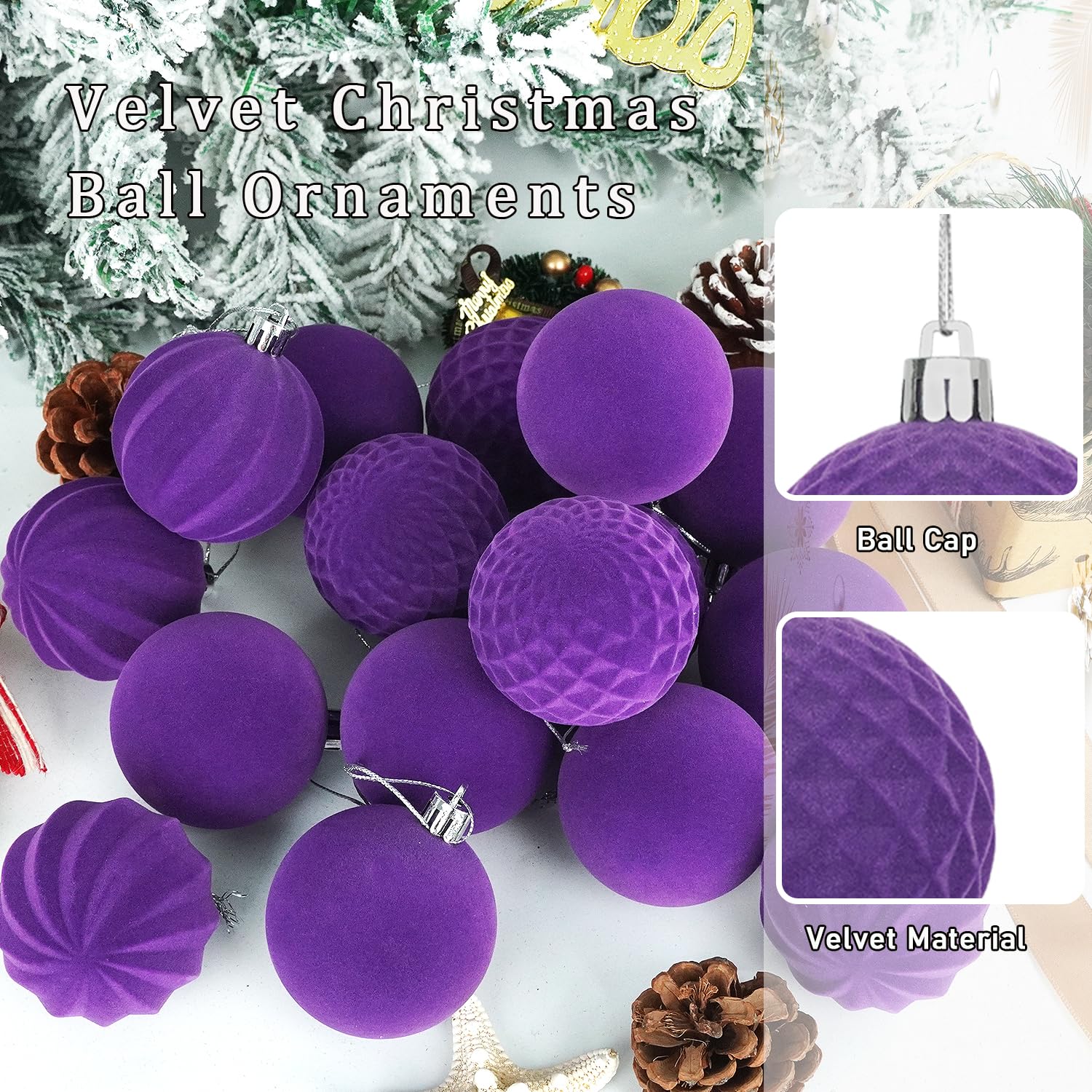 Miaikoe 16 Pcs Velvet Christmas Balls Hanging Ornaments Set - Image 4
