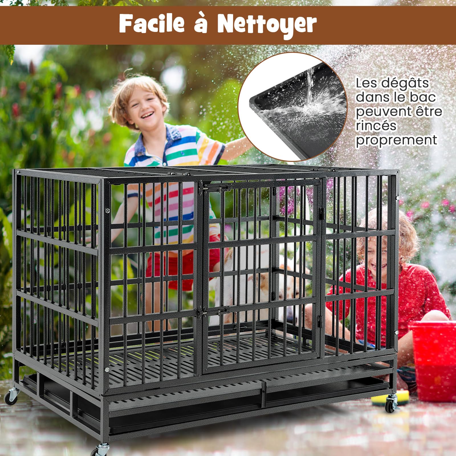 GOPLUS - Jaula para perros plegable de metal con ruedas cerradas, doble puertas cerradas, bandeja extraíble para perros grandes y medianos (48 pulgadas)