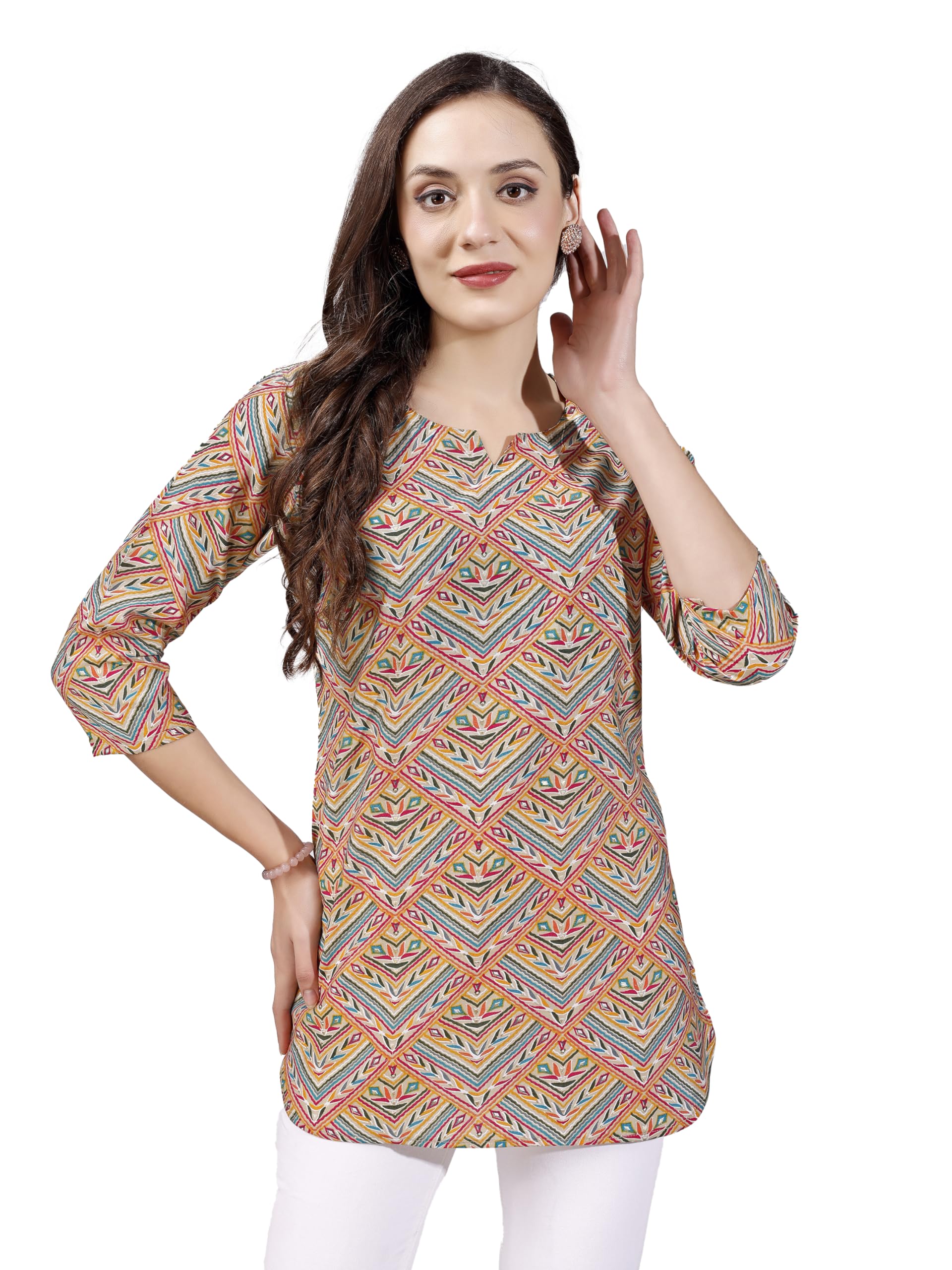 Shienzy Women's Rayon Checkered Regular Kurta Top (Shz1453_Peach_Xl)