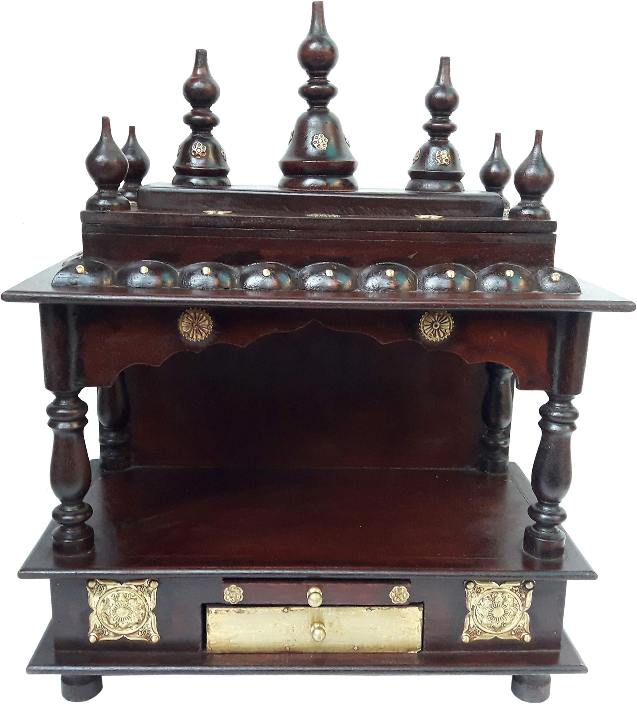 Wooden Handcrafted Temple Mandir Pooja Ghar Mandap for Worship Home Decor Art (Dark Brown, Brass Fitted)