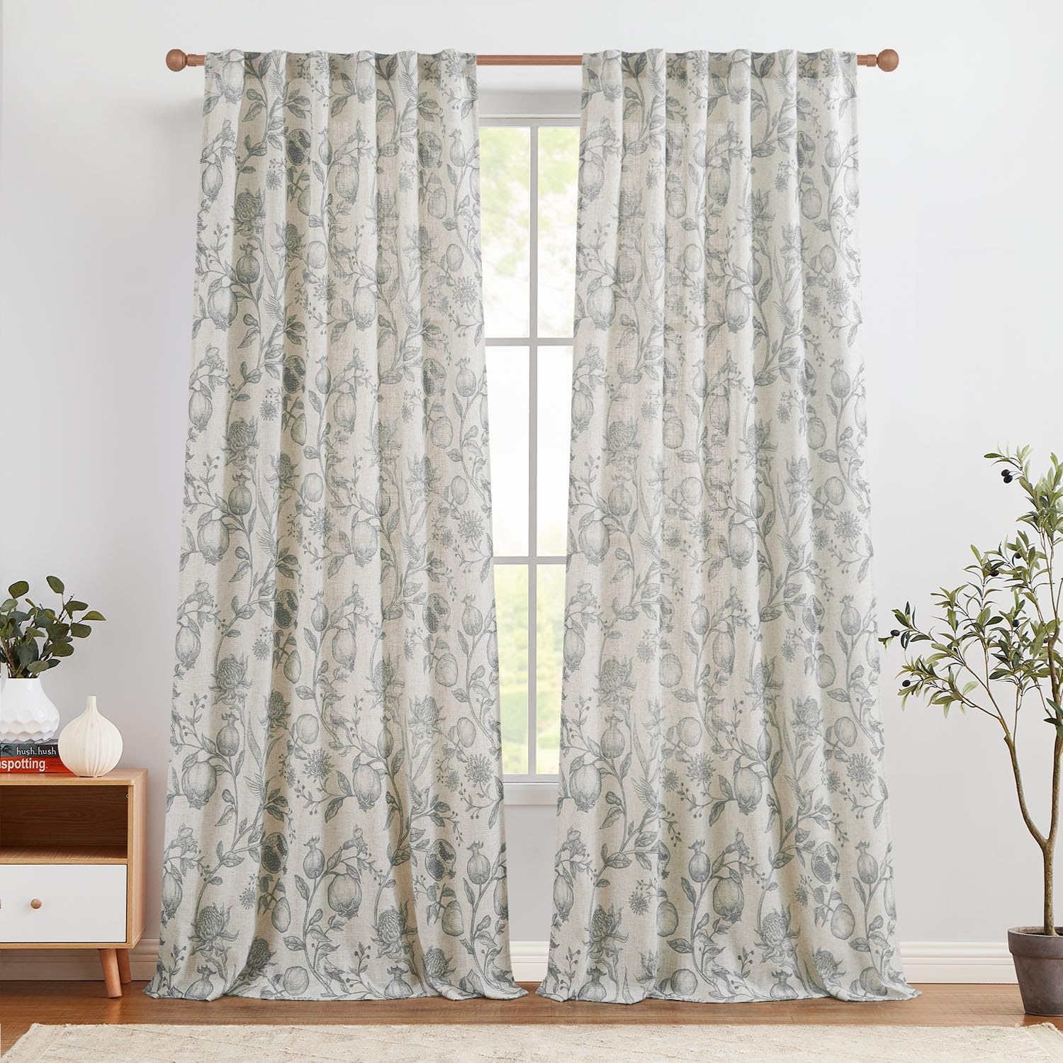 jinchan Linen Curtains Floral Curtains for Living Room 96 Inch Long Grey French Curtains Rod Pocket Light Filtering Toile Print Farmhouse Bedroom Curtains Window Curtain Set 2 Panels