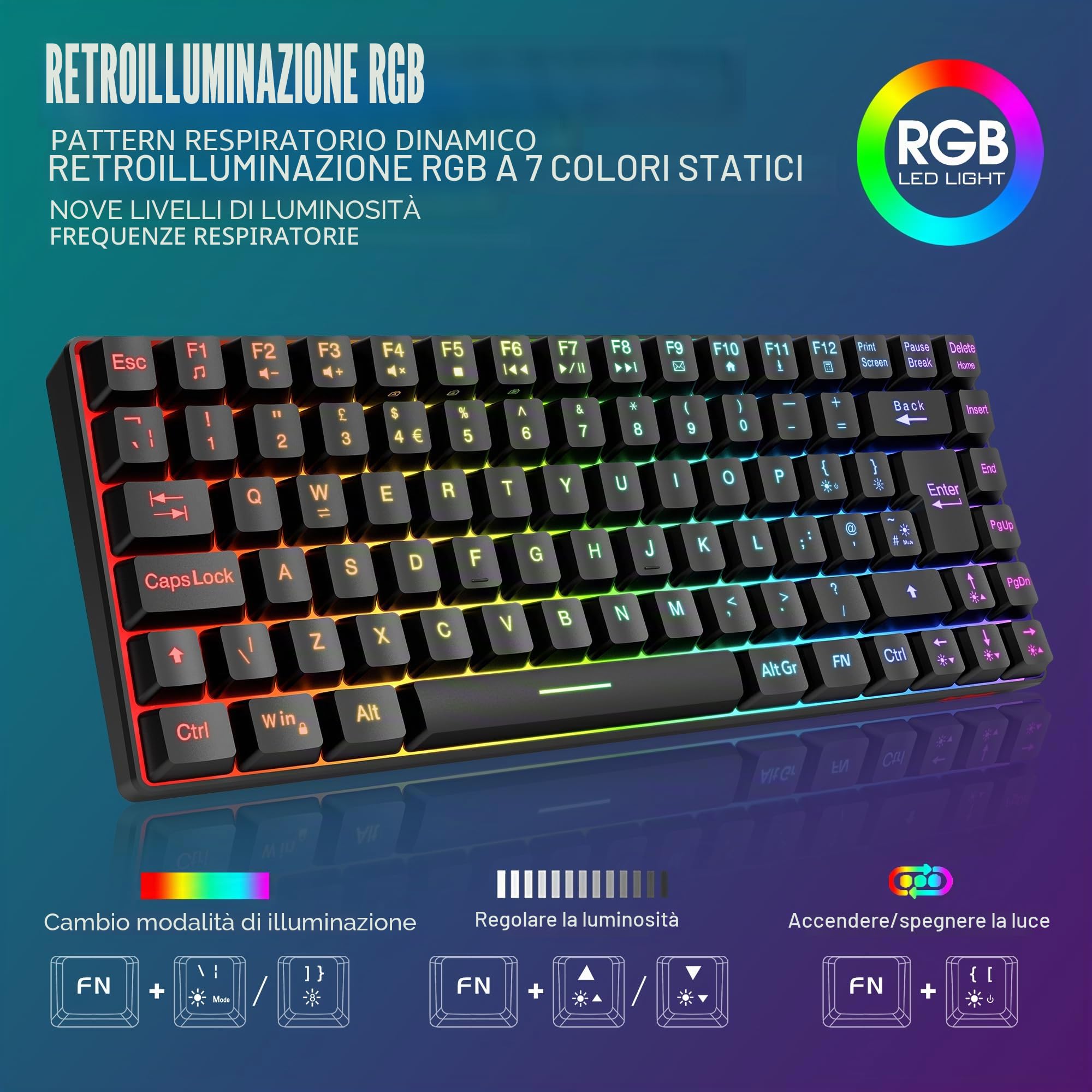 RedThunder 80% tastiera wireless Gaming,Retroilluminazione arcobaleno dinamico,Mouse cellulare leggero da 3200 dpi,Tastiera ultra-compatta 85 tasti anti-ghosting,layout è,per PC/PS5/Xbox