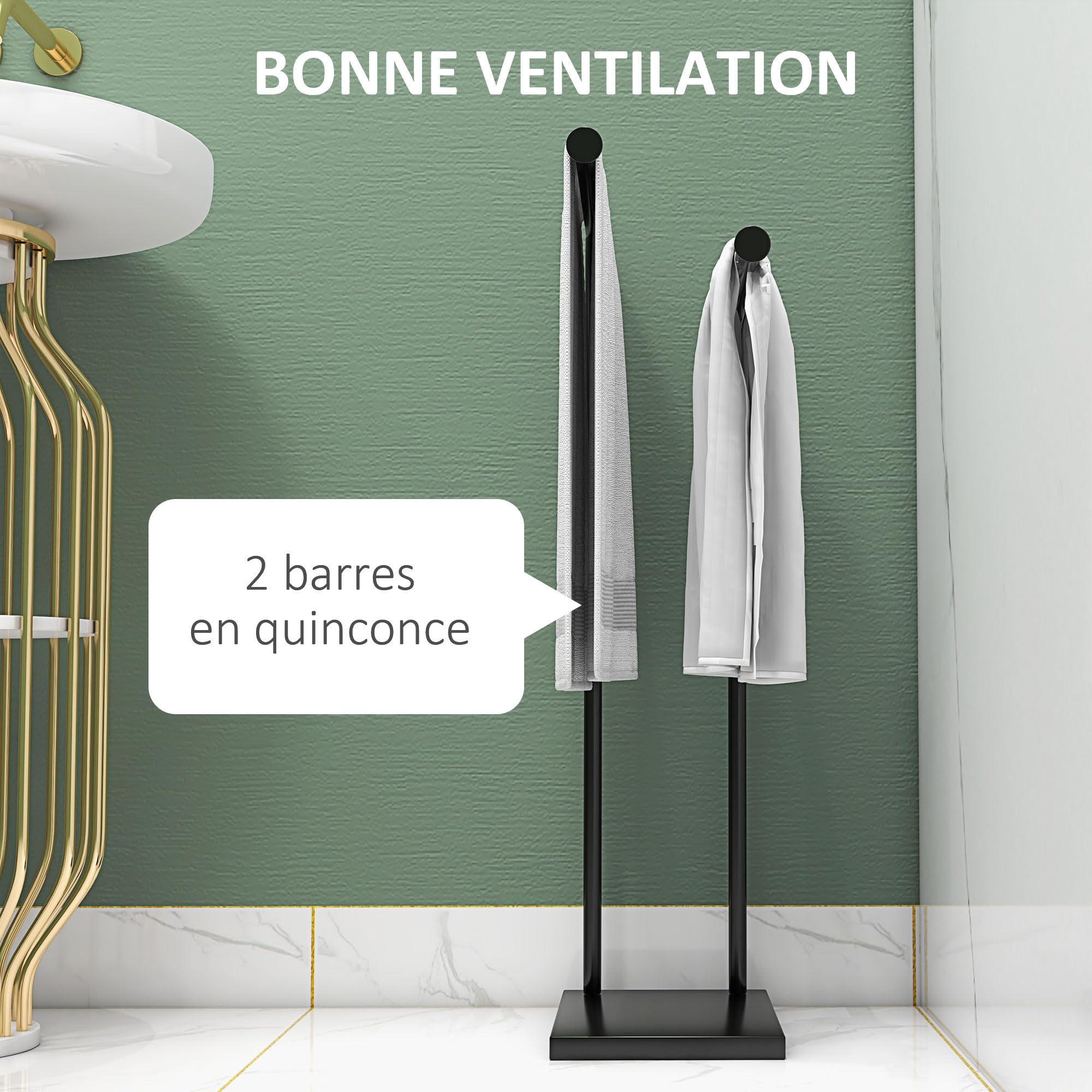 HOMCOM Porte-Serviettes sur Pied en Acier sèche Serviette sur Pieds avec 2 Barres Support pour Serviette 35,5l x 20P x 78H cm - Noir