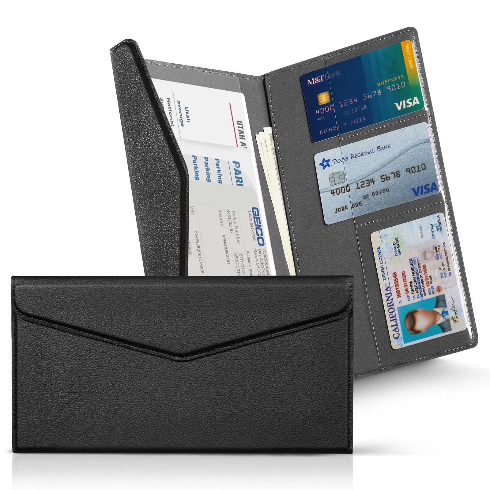 CoBak Leather Car Registration and Insurance Holder with Magnetic Compartment - Vehicle Glove Box Organizer for Driver License, Cards, Emergency Cash - Auto Truck Accessories Case, Lychee Black