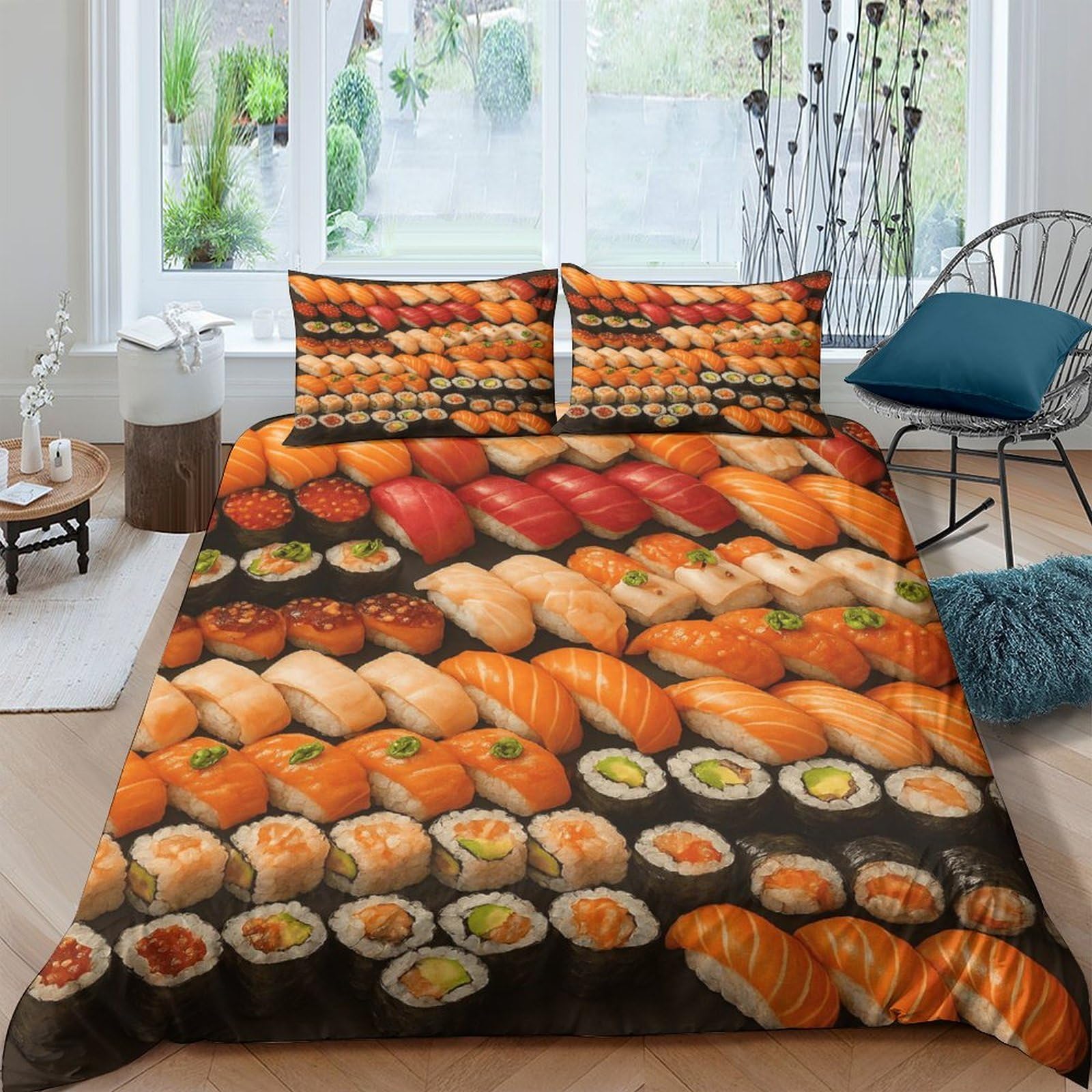 Ctjqhvkz Style-10 3D Printed Sushi Nigiri Fitted Sheet Microfiber Soft Washable Maki Roll Bed Cover For Bedroom Dorm Mattress Decor Single（135X200cm）