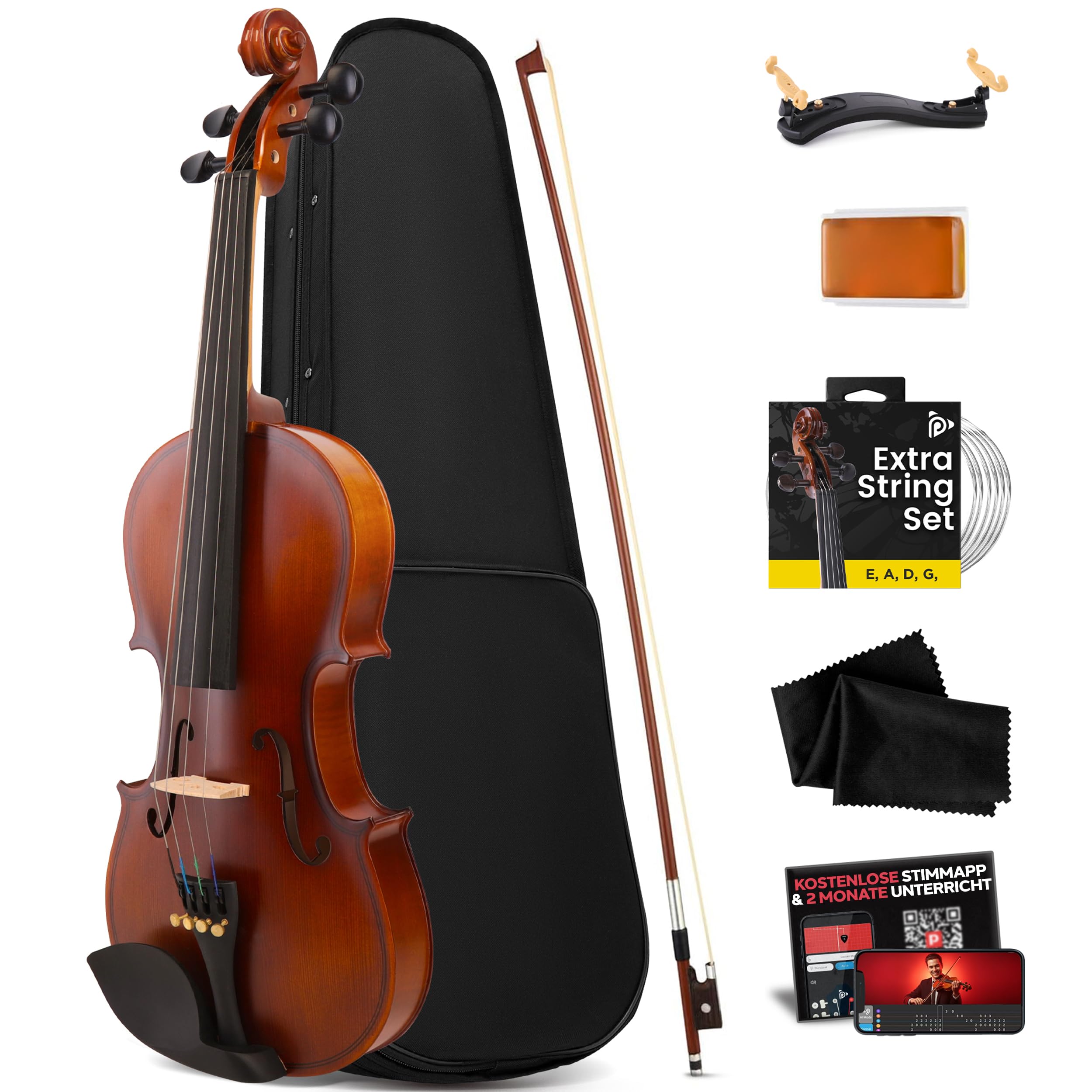 Pyle Violine Set Größe 1/4 – Leichtes Streichinstrument mit hochwertigem Holzfurnier – Geige mit Zubehör inkl. Geigenkoffer, Kolophonium, Violine Stimmgerät, Ersatzsaiten & Bogen – für Kinder ab 5