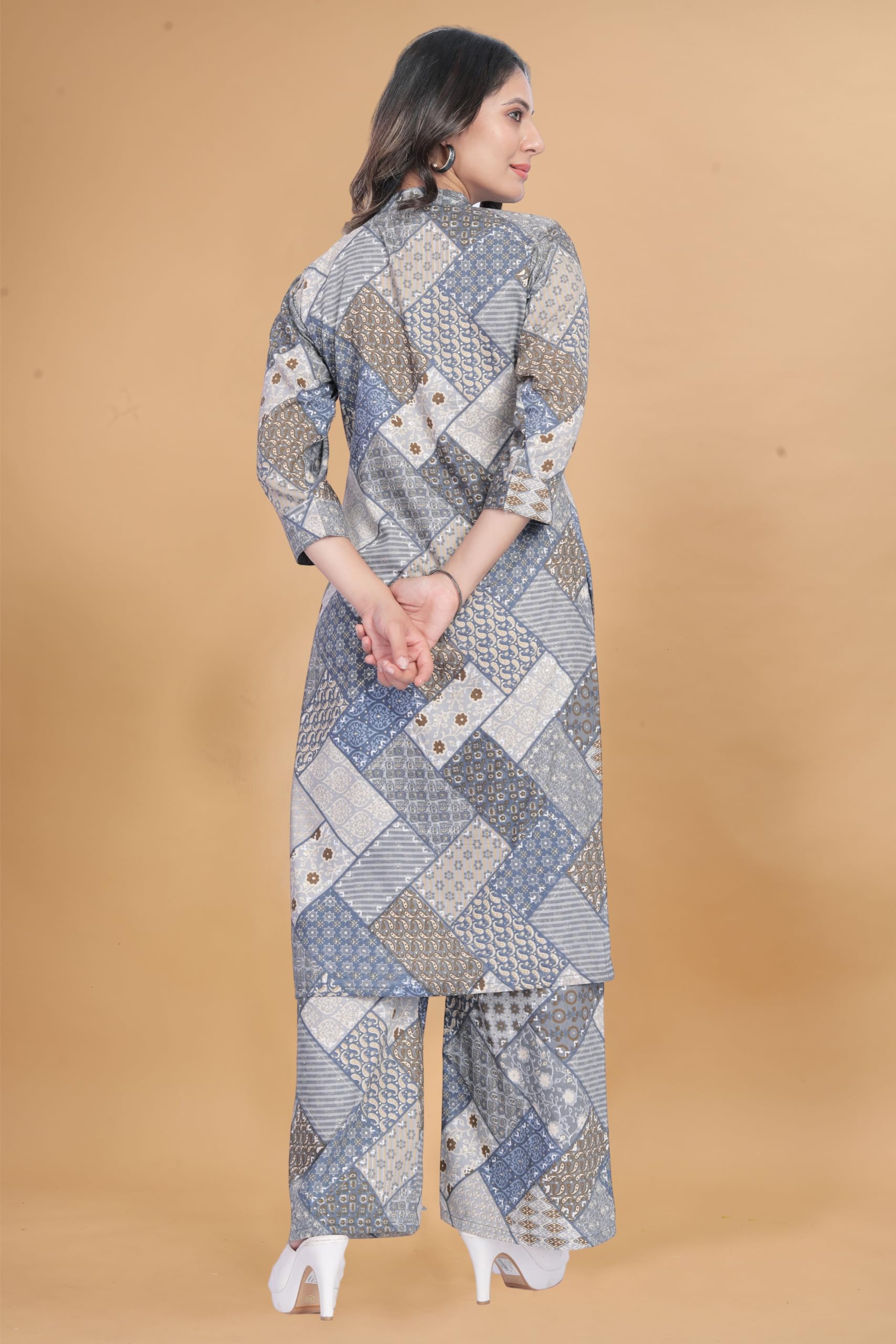 JYORICA Women’s Ready-to-Wear Muslin Cotton Co-Ord Set – 2-Piece All-Over Geometric Printed Top & Bottom – Full Front Open with Buttons, Cuffed Sleeves (IN, Alpha, 4XL, Regular, Women, Grey) 4