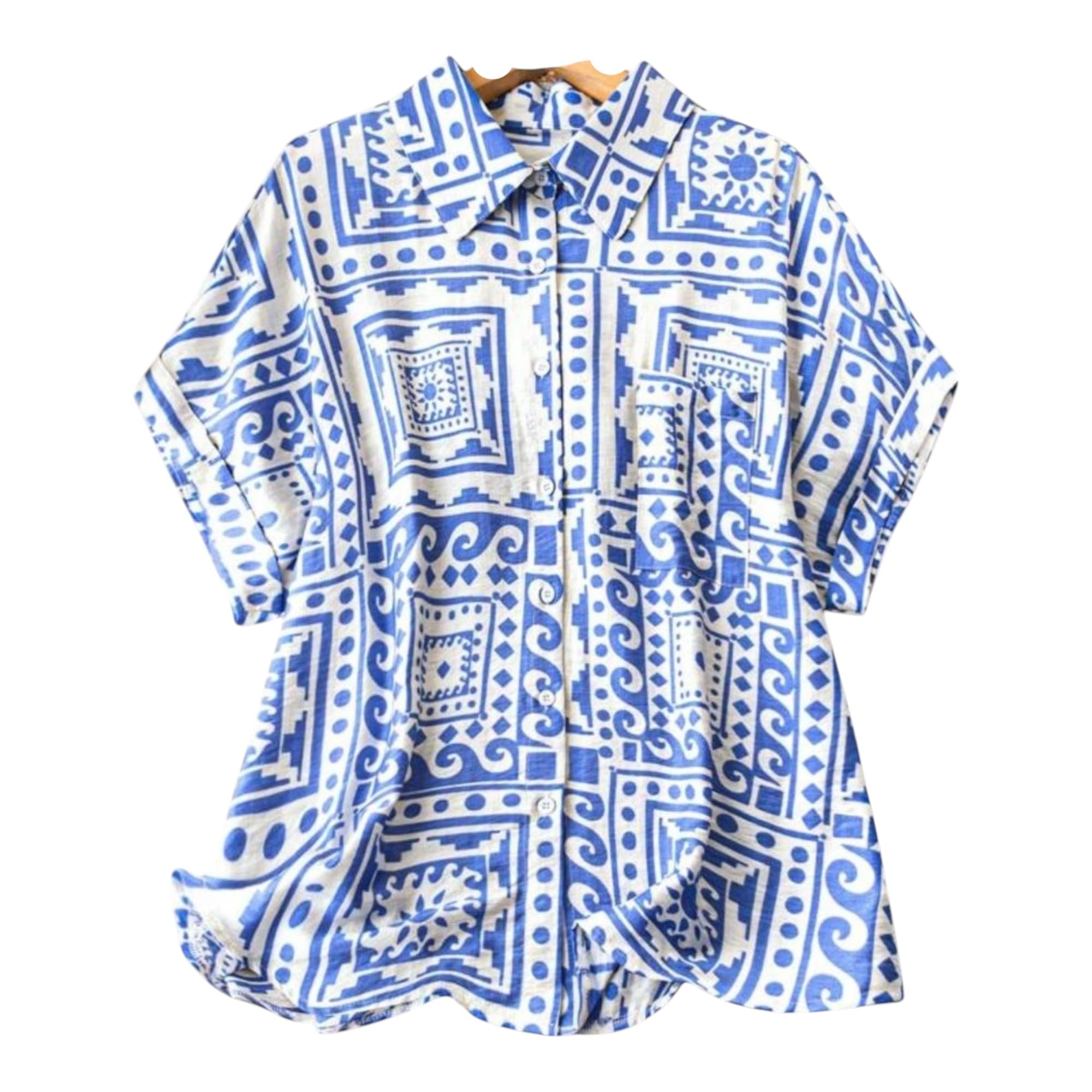 Women's Geometric Print Shirt with Front Pocket and Button Down Closure in Relaxed Fit
