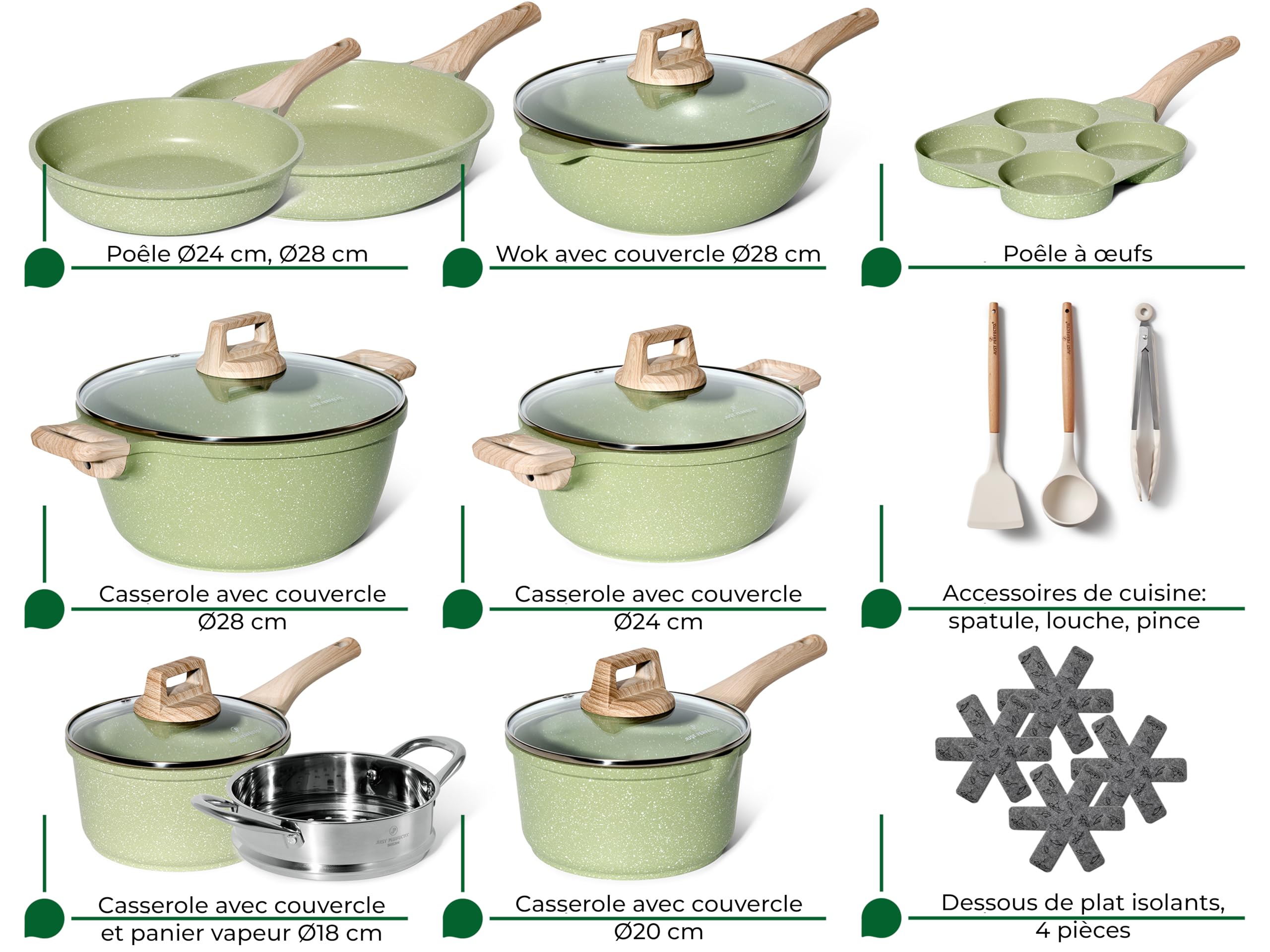 JUST PERFECTO Batteria Pentole e Padelle a Induzione, Set Padelle Antiaderenti Per tutti i piani cottura Batteria di pentole antiaderente 28cm con Coperchi, pentole senza pfoa e ptfe (21 Pcs green)