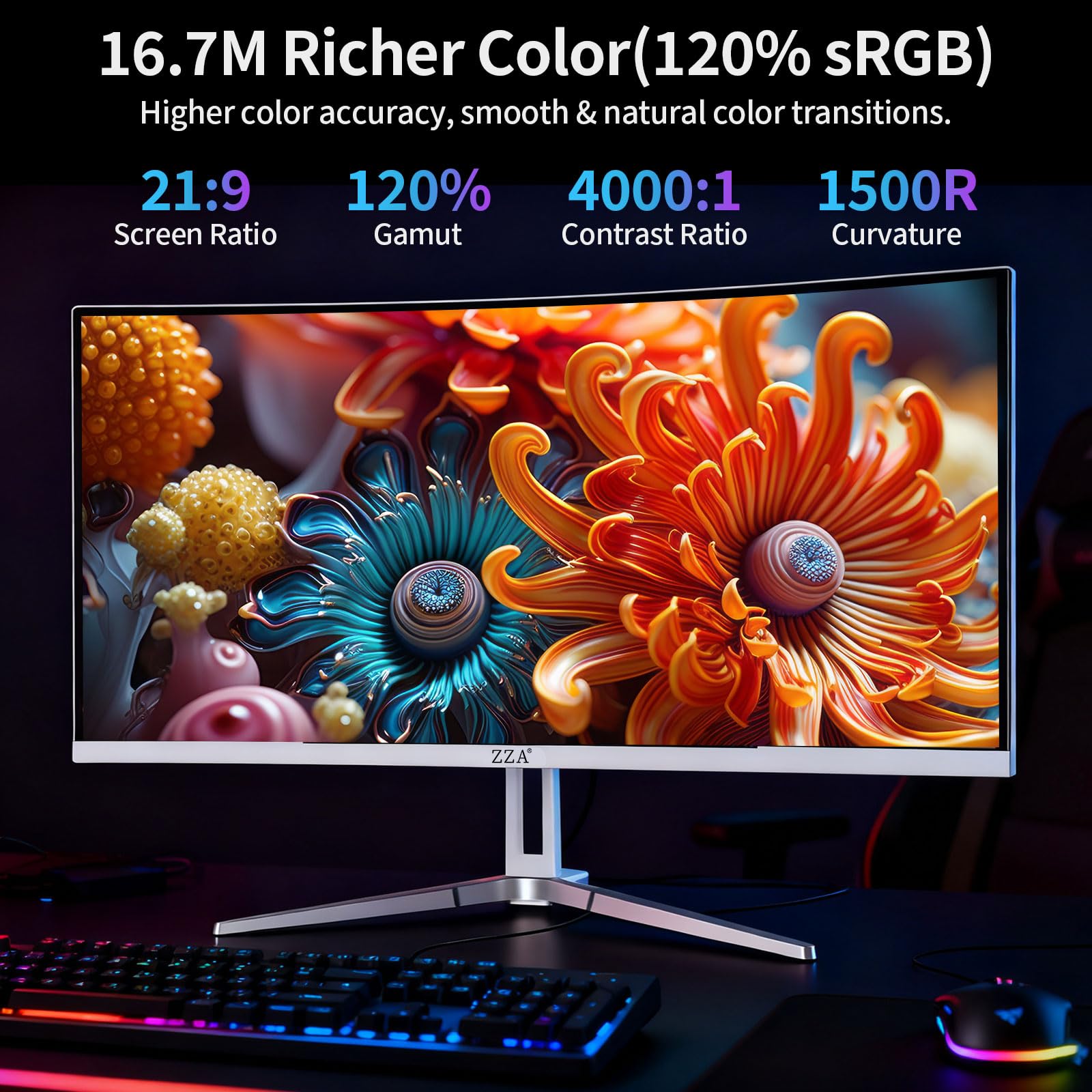 ZZA Monitor do gier 34'' - 165 Hz/180 Hz WQHD (3440 x 1440P), zakrzywiony monitor o ultra szerokości 34 cali, FreeSync do gier bez przerwy, 100% sRGB, HDMI 2.1 i DP 1.4, PBP Mod