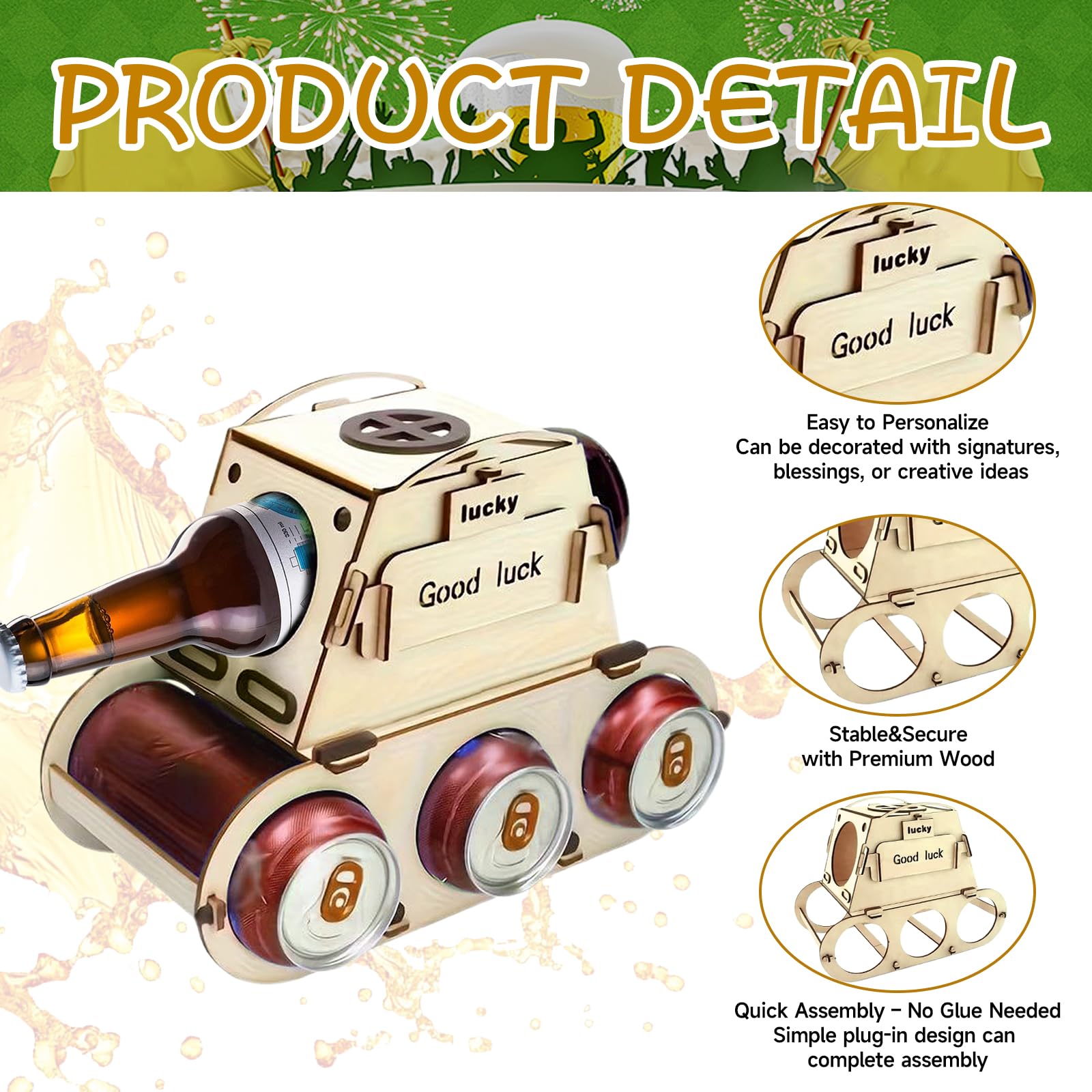 Divertido portacerveza de madera en diseño de tanque, regalos originales para hombres, 30, 40, 50 para amantes de la cerveza, ideal para Oktoberfest único portacerveza de regalo
