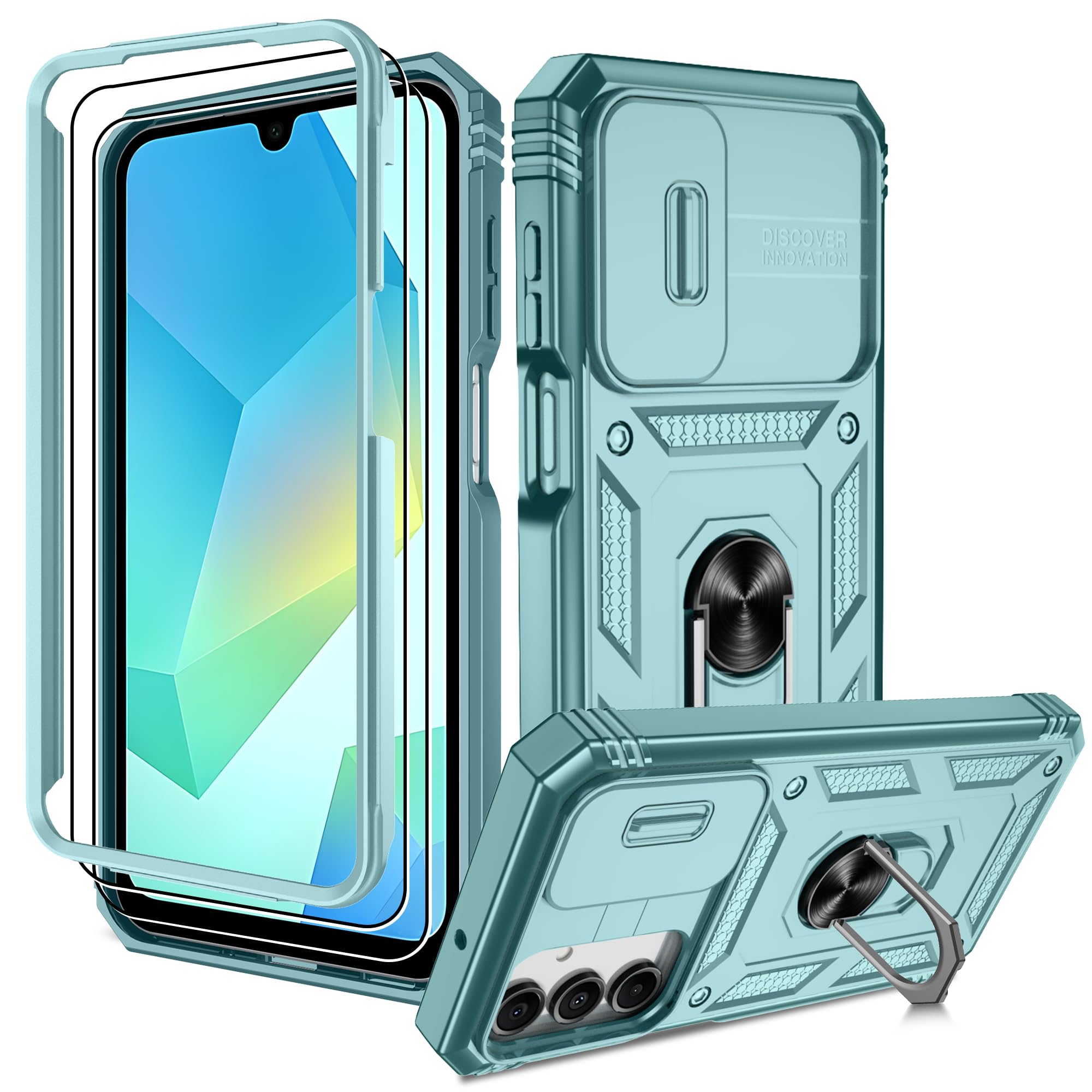 Pilaru Handyhülle für Samsung Galaxy A17 5G Hülle,Kameraschutz Case mit 2 Stück Schutzfolie, 360° Drehhalter Ring Schutzhülle Militär Cover Case Outdoor Stoßfest A17 5G Hülle Grün