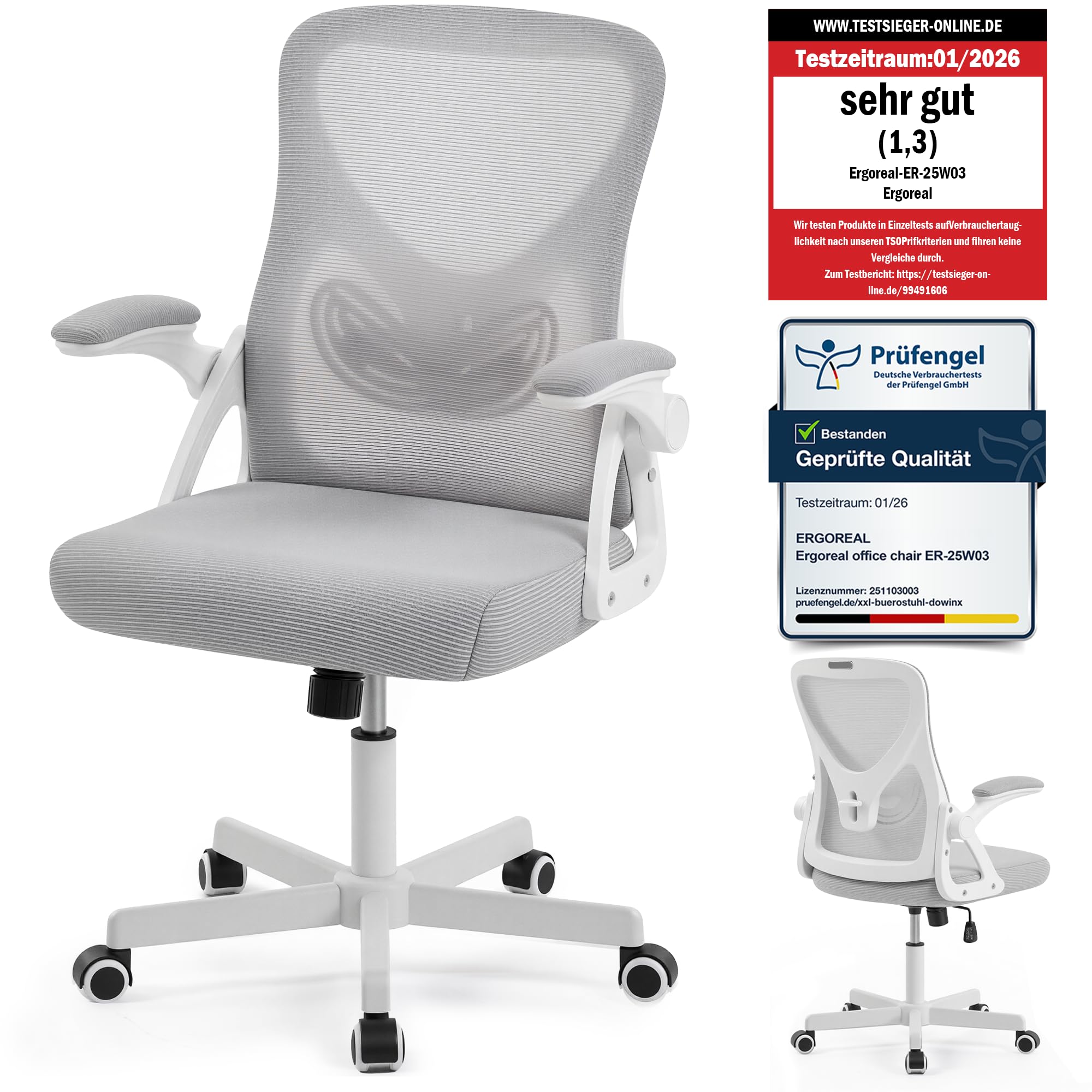 Bürostuhl ergonomisch – Schreibtischstuhl Netz, Lendenstütze 150kg | Klappbare Armlehnen, verstellbare Lendenstütze, 90-110° Rückenlehne, höhenverstellbar, leise Rollen, Homeoffice & Büro