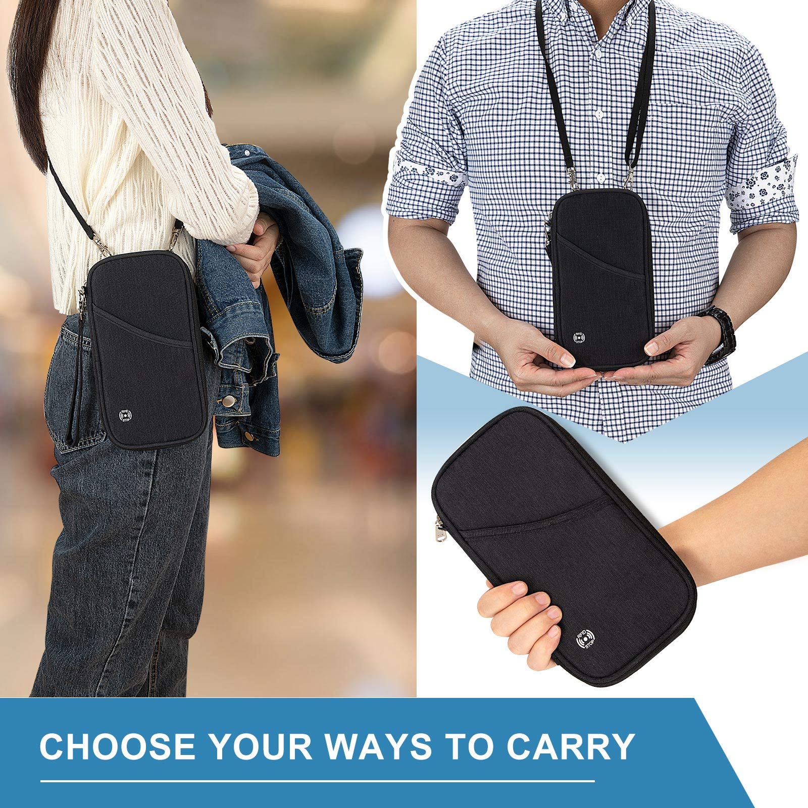 Soporte para pasaporte familiar con diseño de acordeón RFID, cartera de viaje con bloqueo, organizador de documentos con cremallera para mujeres y hombres (Negro-2), Negro-2, Cartera Rfid 8